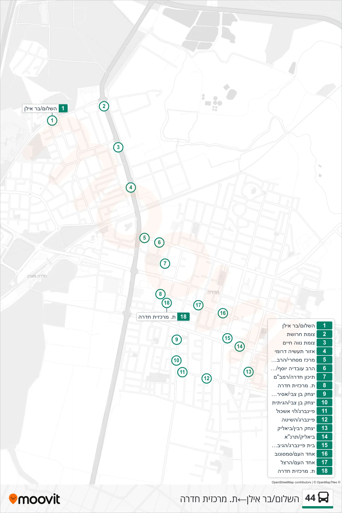 44 bus Line (HaShalom/Bar Ilan‎→Hadera Central Station) route and stops on a map