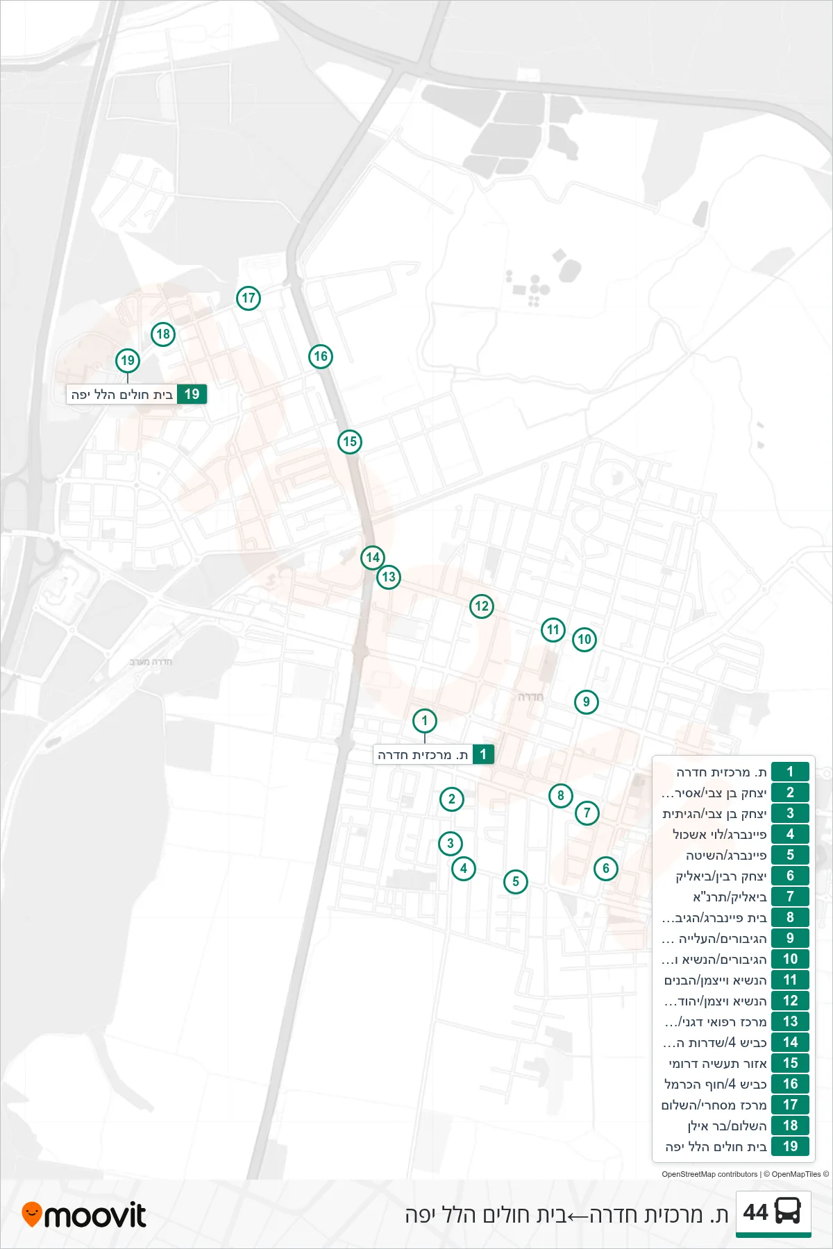 44 bus Line (Hadera Central Station‎→Hillel Yaffe Hospital) route and stops on a map