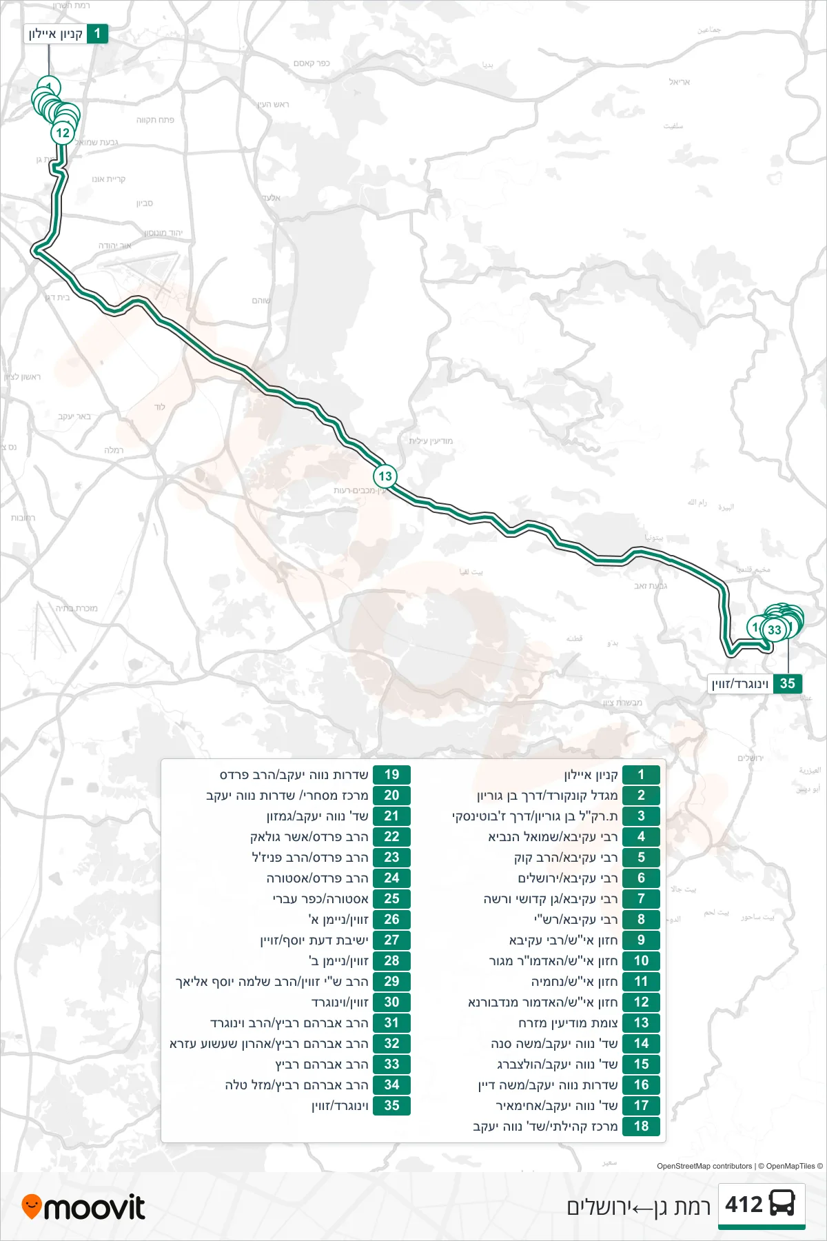 412 bus Line (Ramat Gan‎→Jerusalem) route and stops on a map