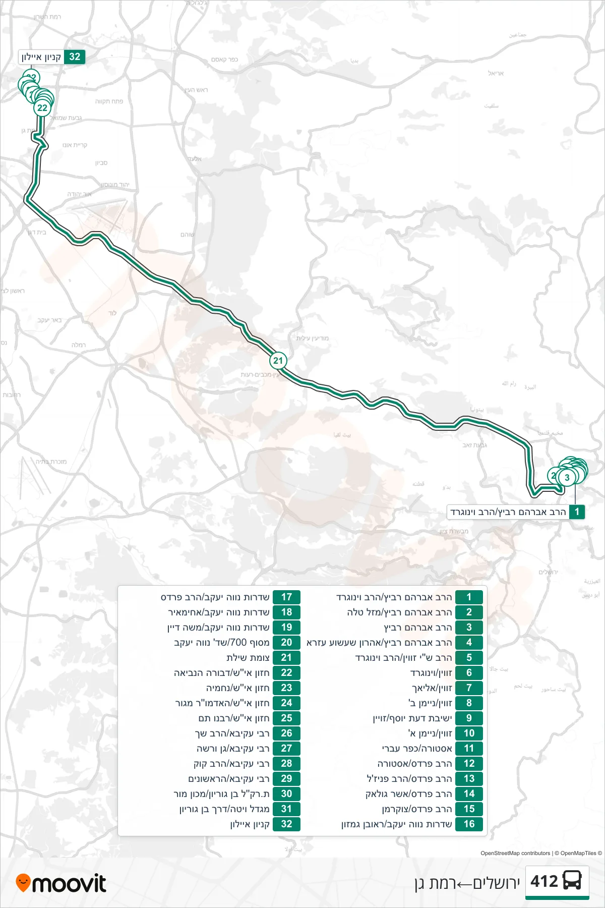 412  Line (Jerusalem‎→Ramat Gan) route and stops on a map
