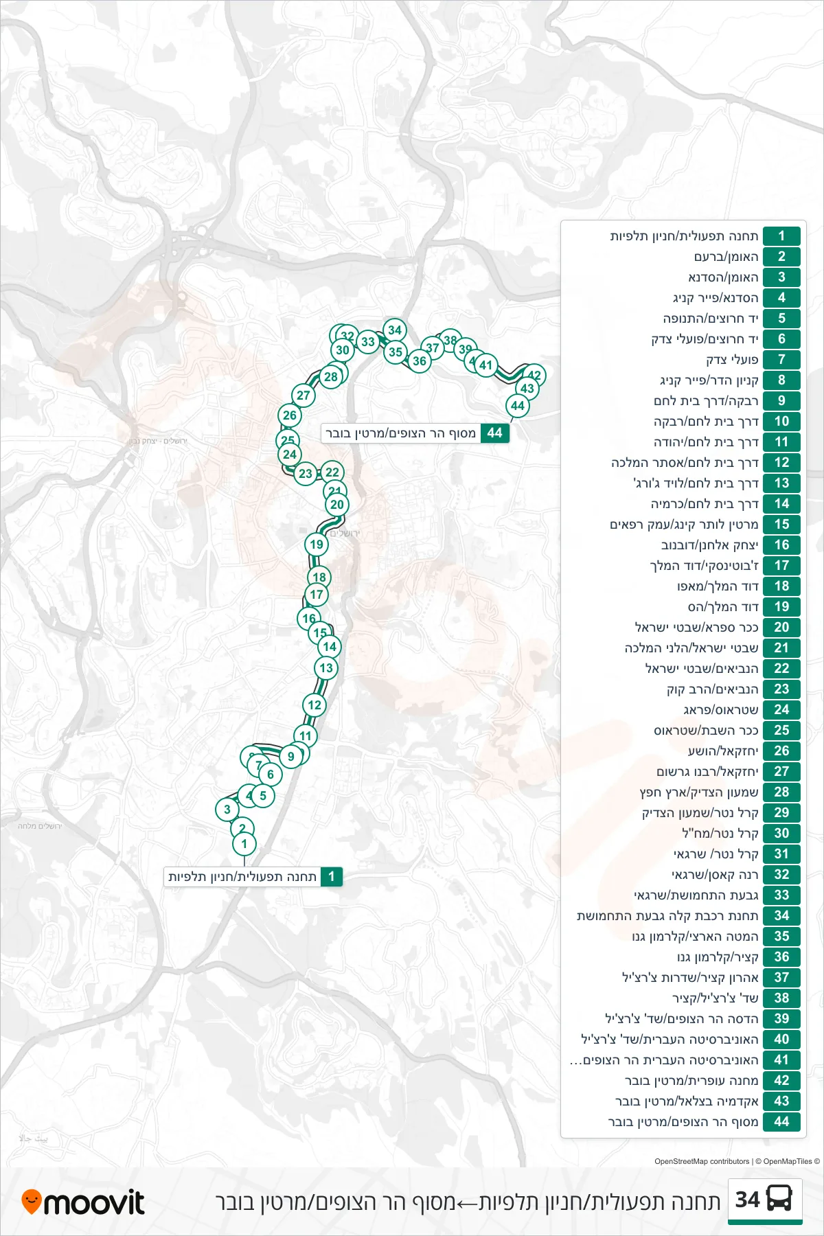 34 bus Line (Talpiot Depot/Operational Station‎→Mount Scopus Terminal/Martin Buber) route and stops on a map