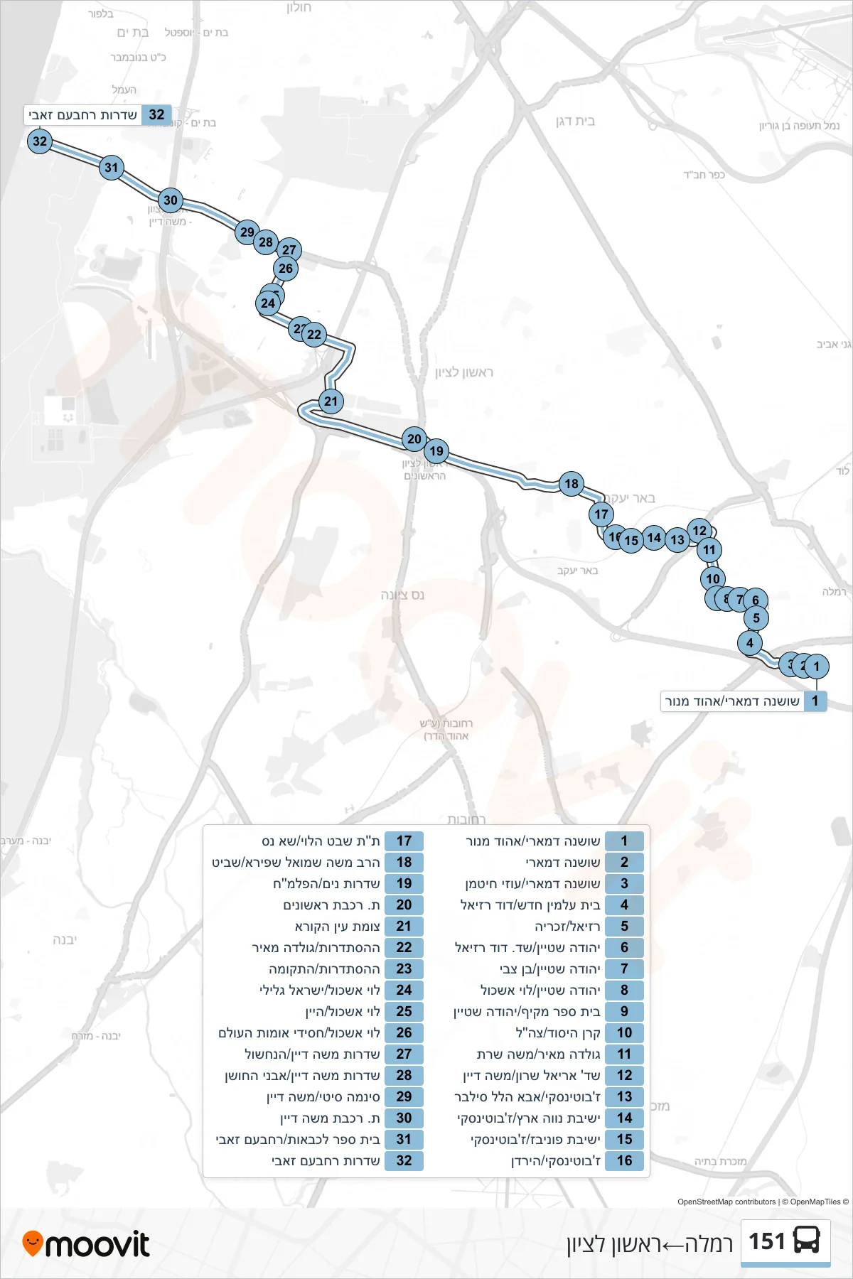 151 bus Line (Ramla‎→Rishon LeZion) route and stops on a map