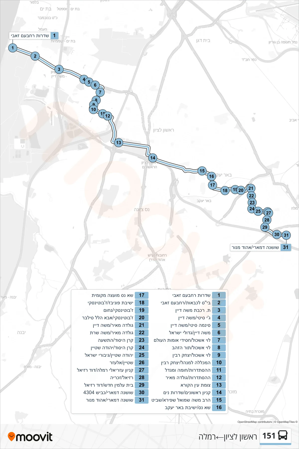 151 bus Line (Rishon LeZion‎→Ramla) route and stops on a map