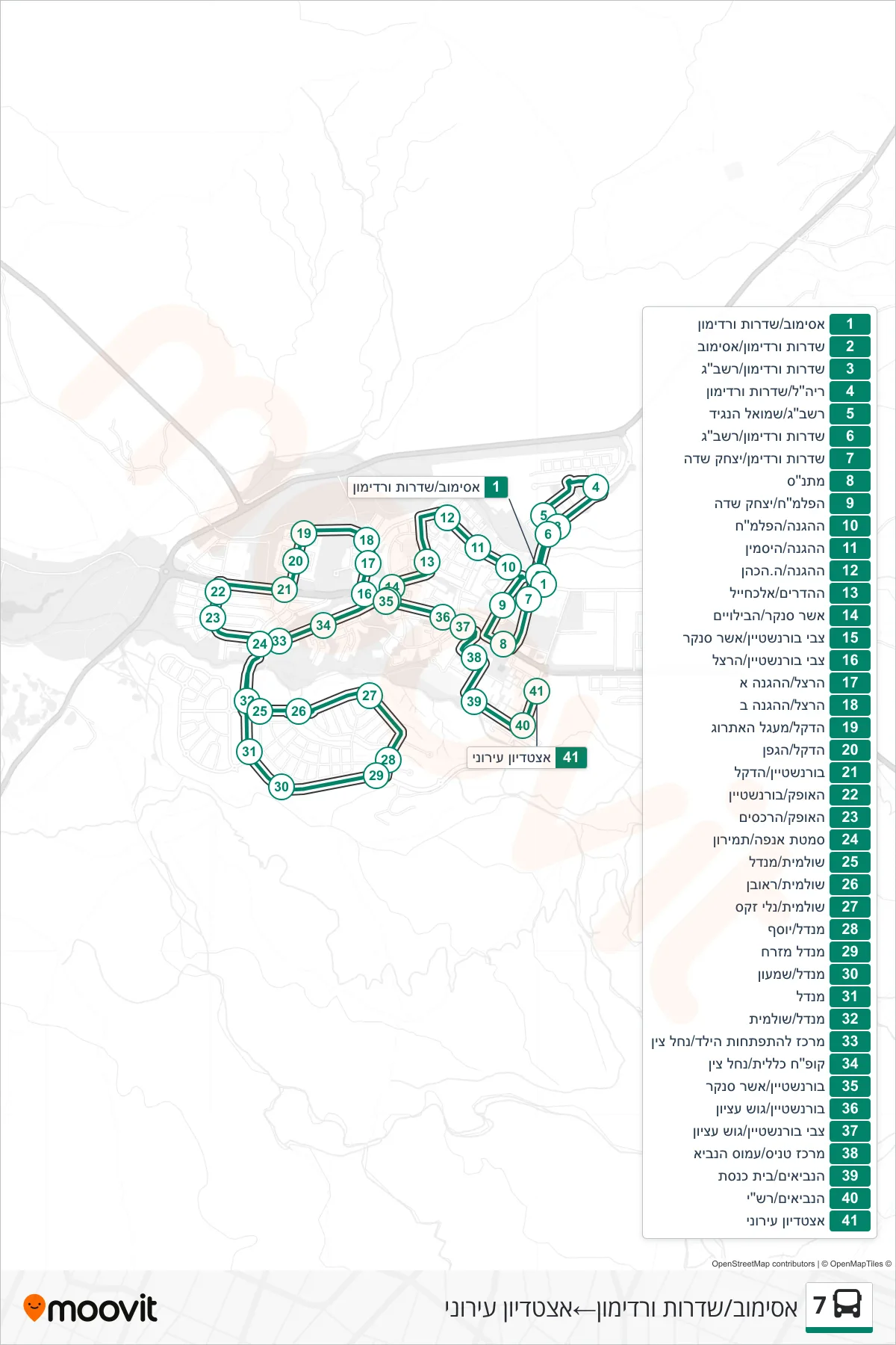 7 bus Line (Asimov/Vardimon Boulevard‎→Municipal Stadium) route and stops on a map