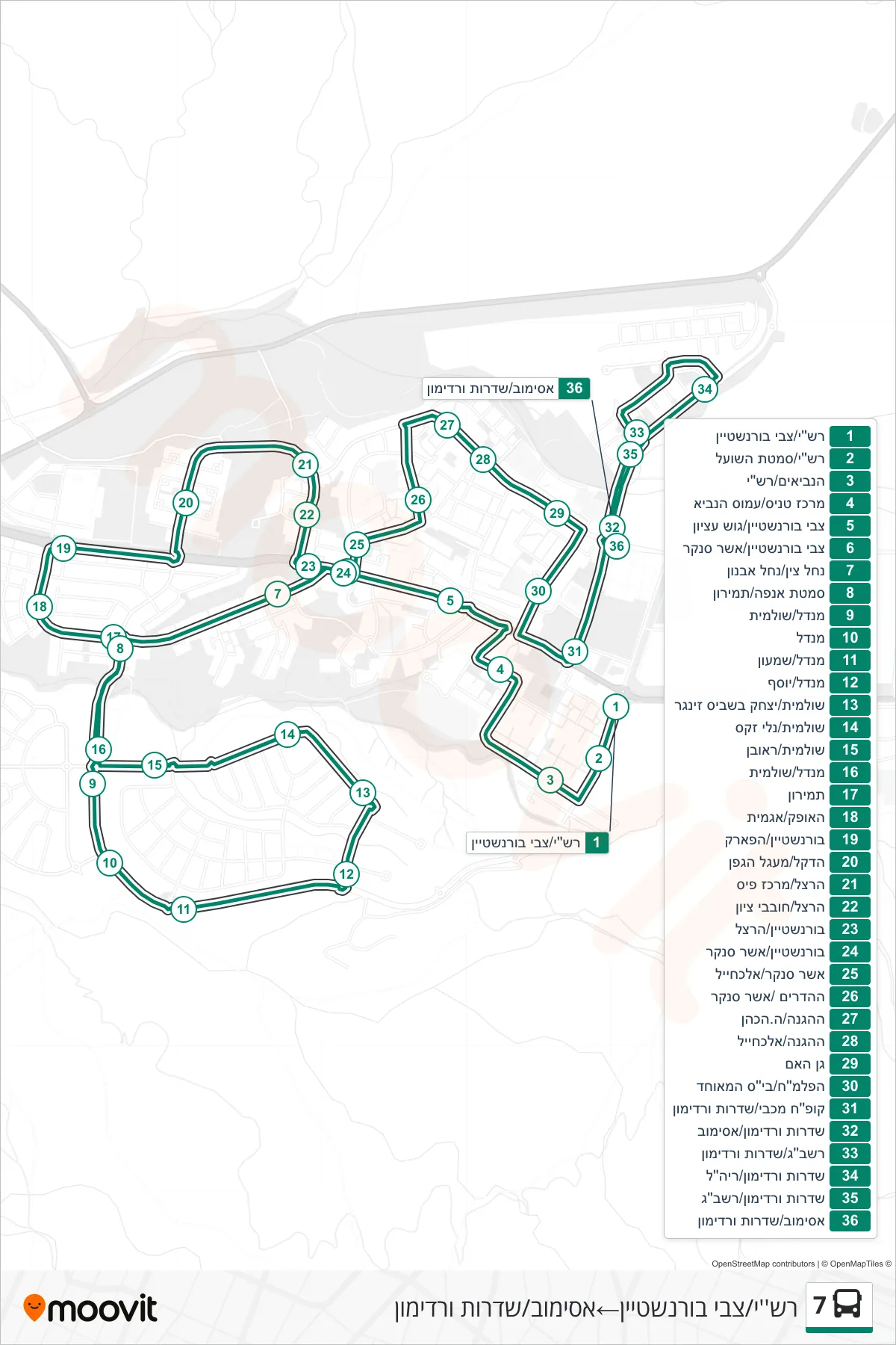 7 bus Line (Rashi/Tzvi Bornstein‎→Asimov/Vardimon Boulevard) route and stops on a map