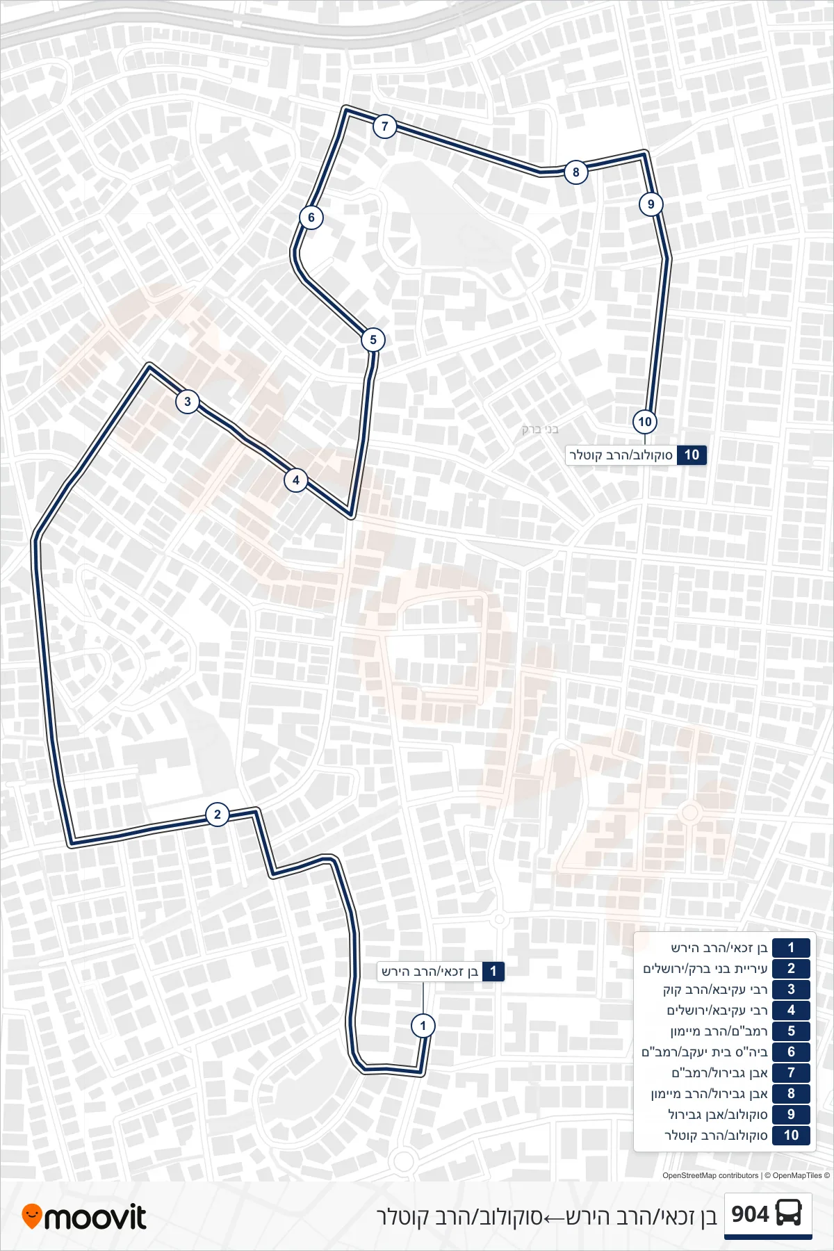 904 bus Line (Ben Zakai/HaRav Hirsch‎→Sokolov/HaRav Kotler) route and stops on a map