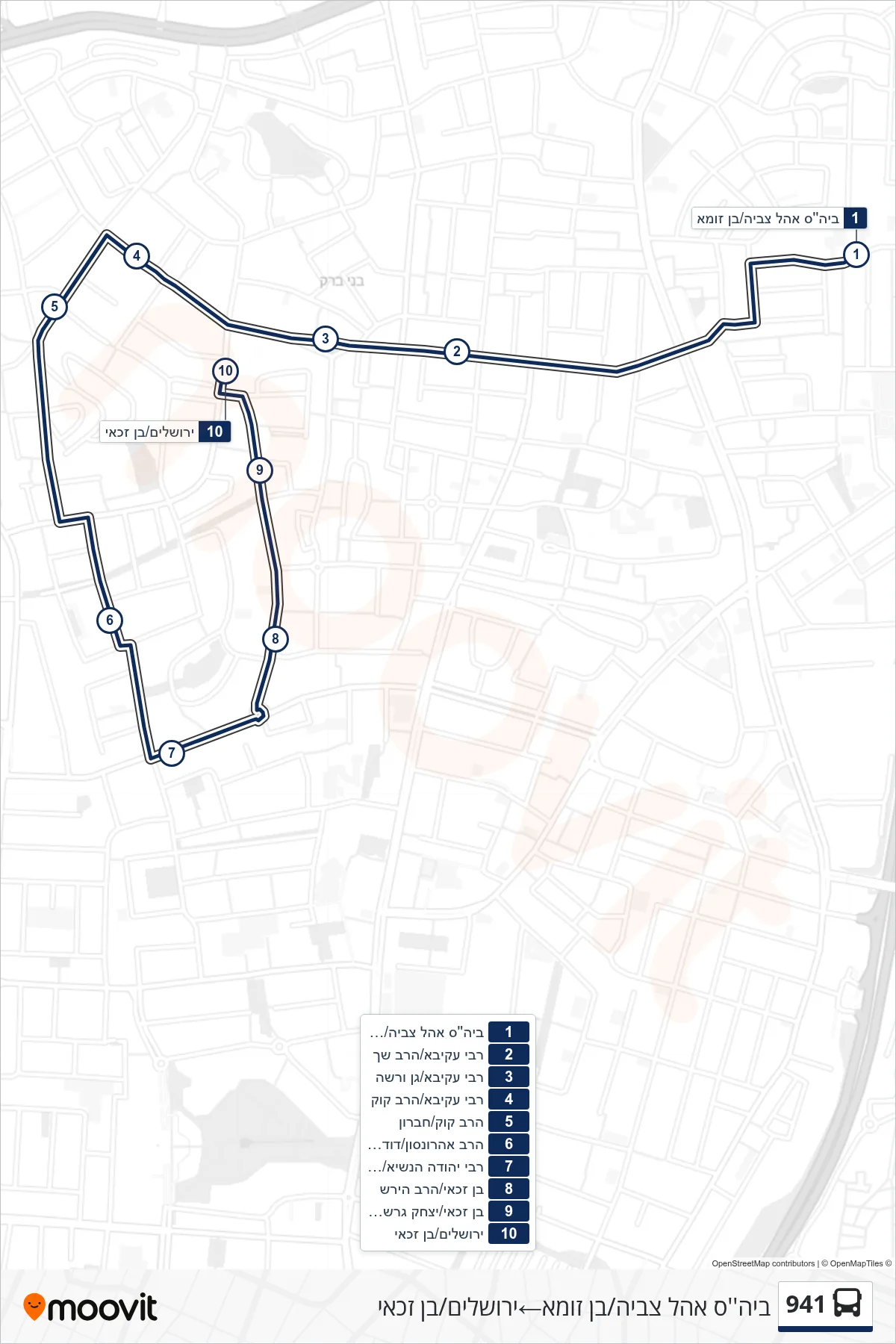 941 bus Line (Ohel Tzvia School/Ben Zoma‎→Jerusalem/Ben Zakkai) route and stops on a map