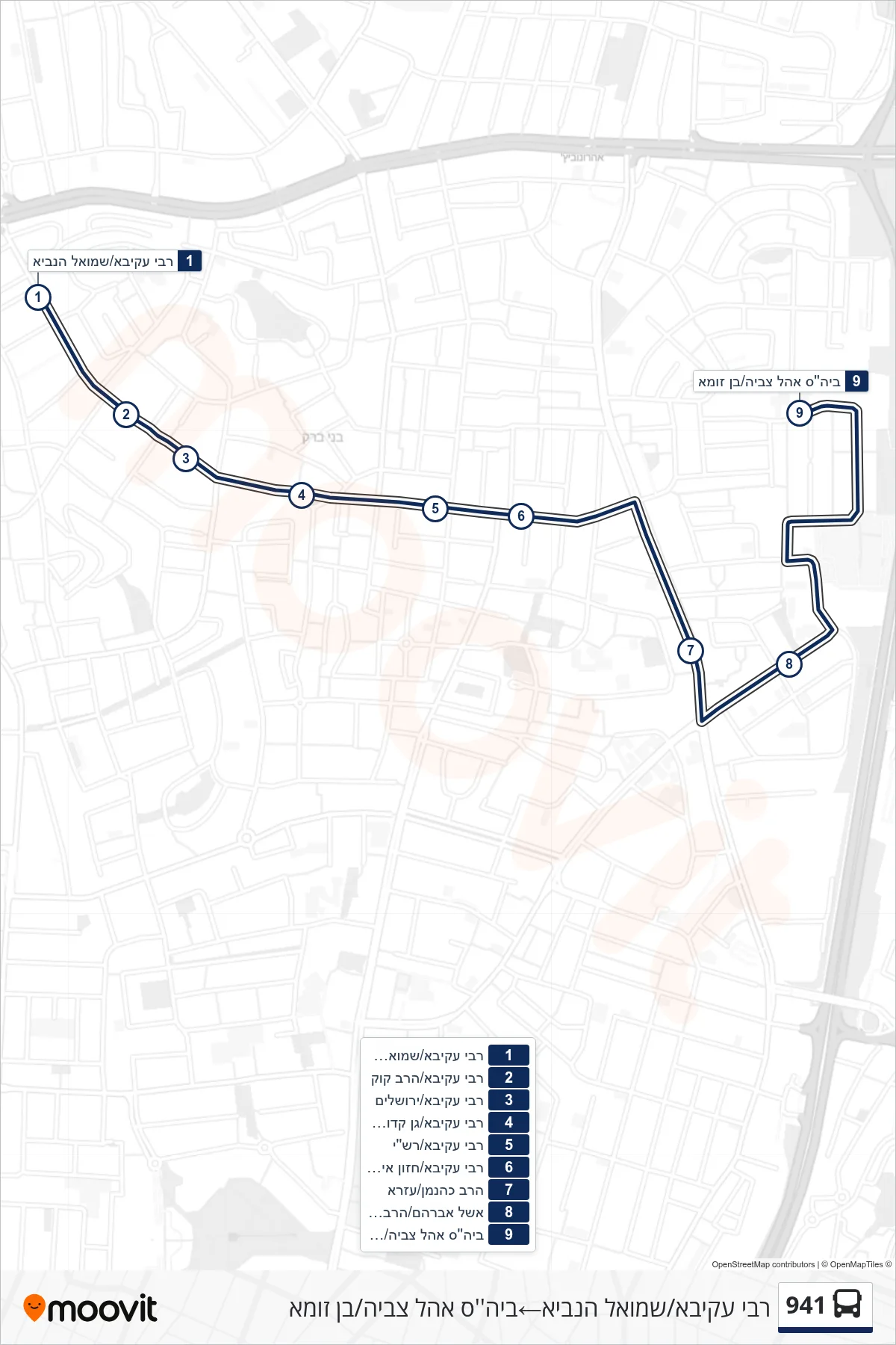 941 bus Line (Rabbi Akiva/Shmuel HaNavi‎→Ohel Tzvia School/Ben Zoma) route and stops on a map