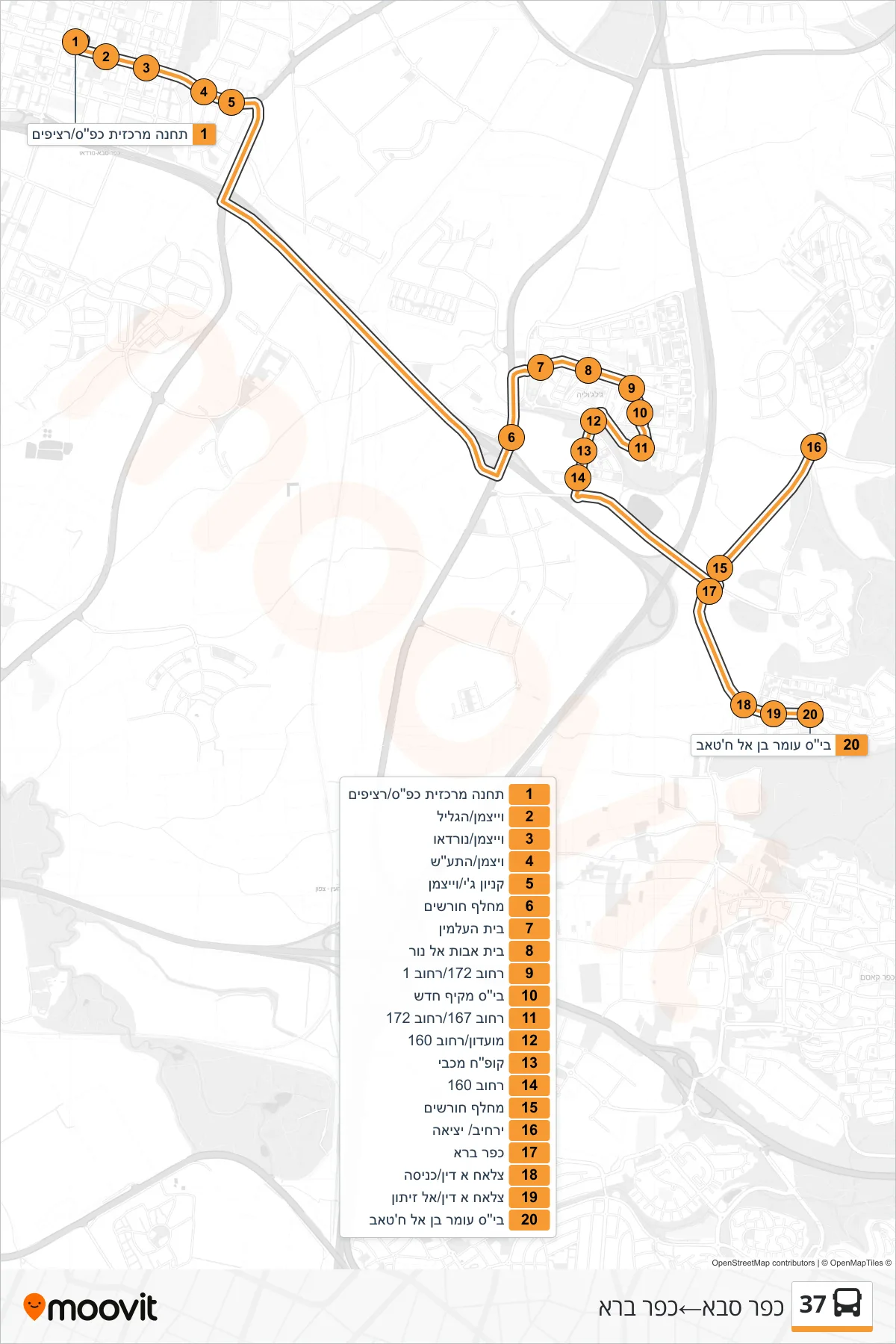 37 bus Line (Kfar Saba→Kafr Bara) route and stops on a map