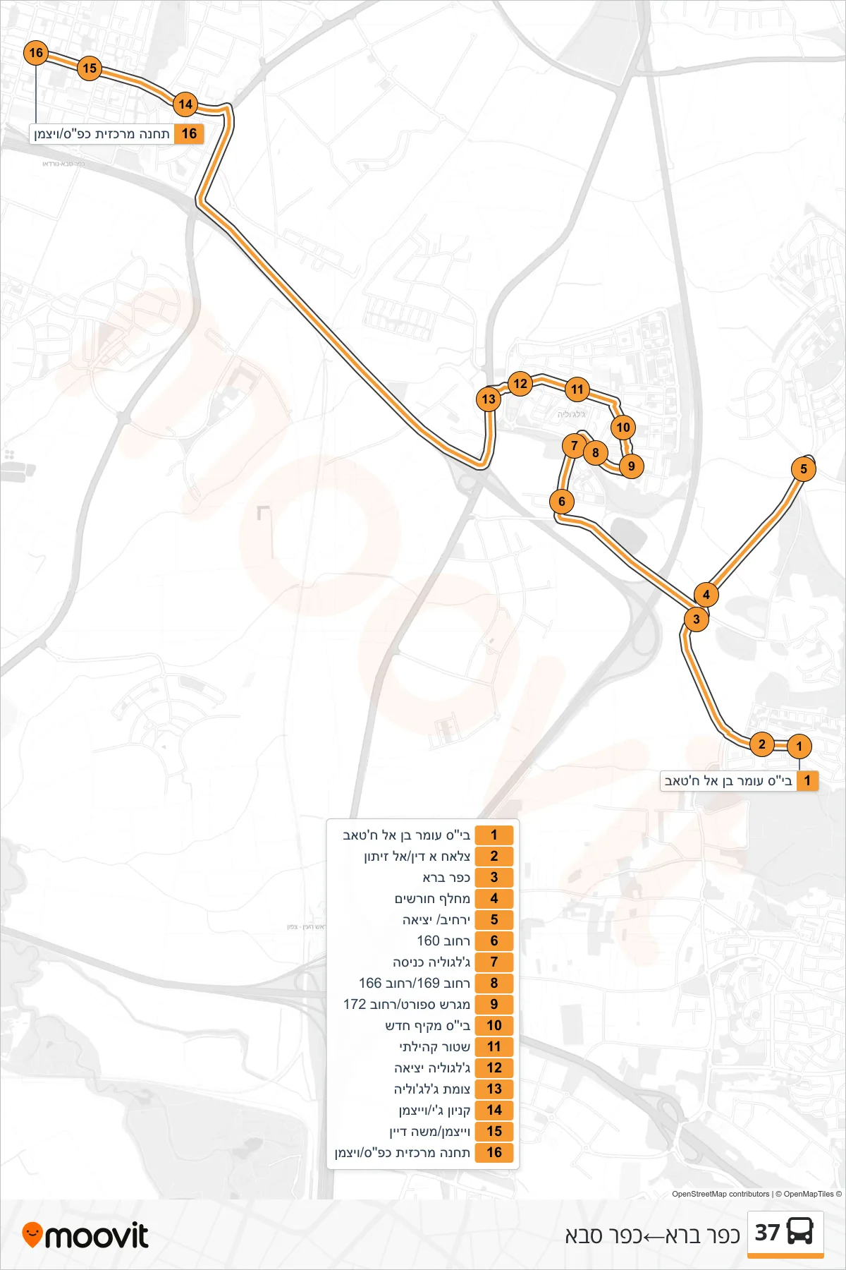 37 bus Line (Kafr Bara‎→Kfar Saba) route and stops on a map