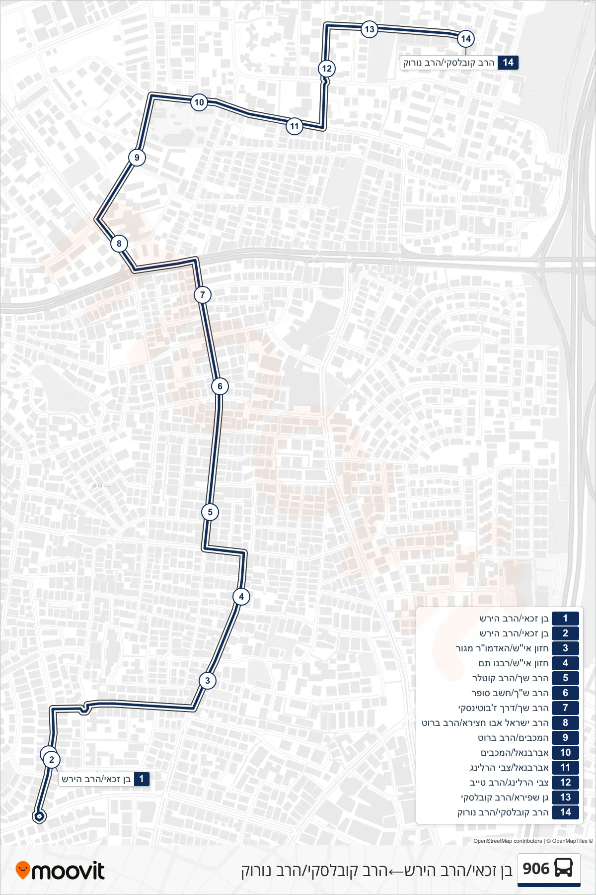 906  Line (Ben Zakai/HaRav Hirsch‎→Rabbi Kovalsky/Rabbi Nurok) route and stops on a map