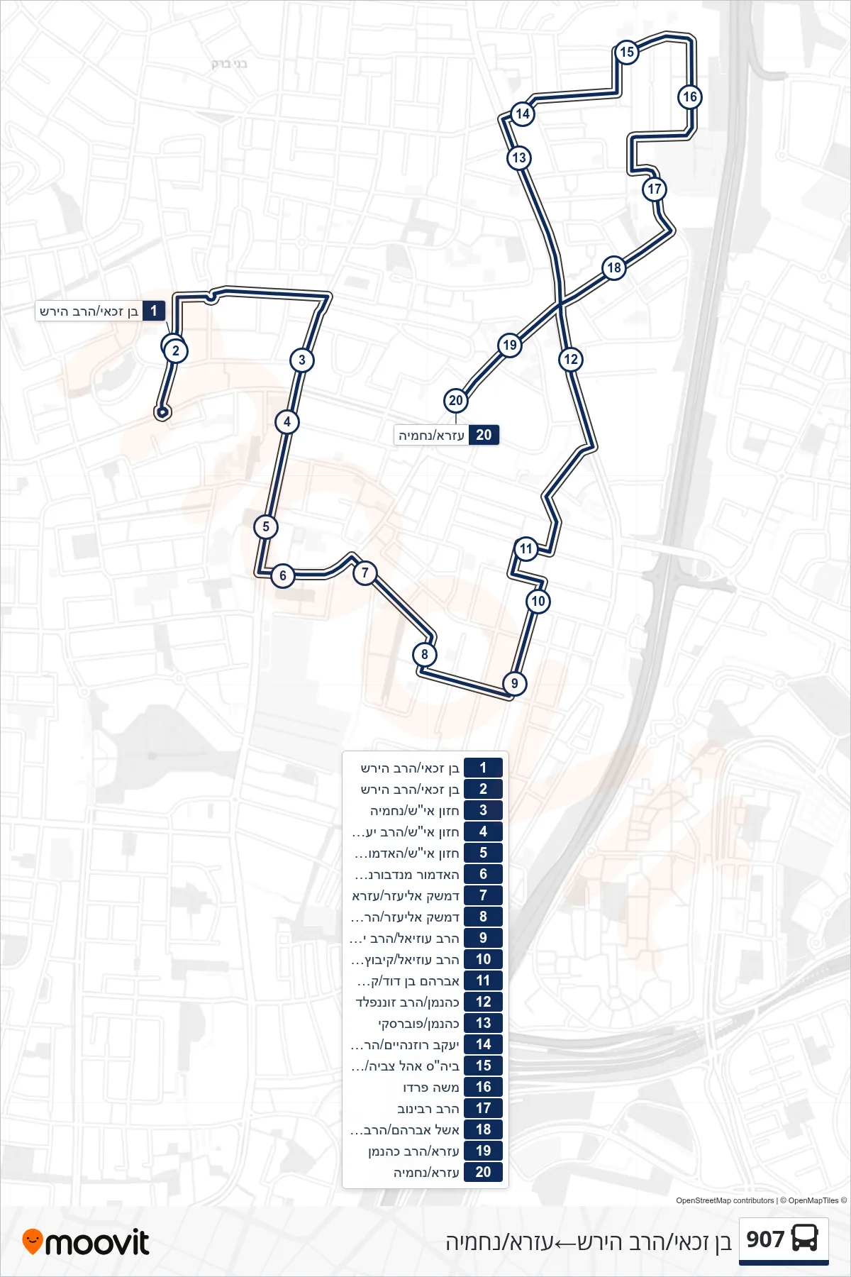 907 bus Line (Ben Zakai/HaRav Hirsch‎→Ezra/Nehemiah) route and stops on a map