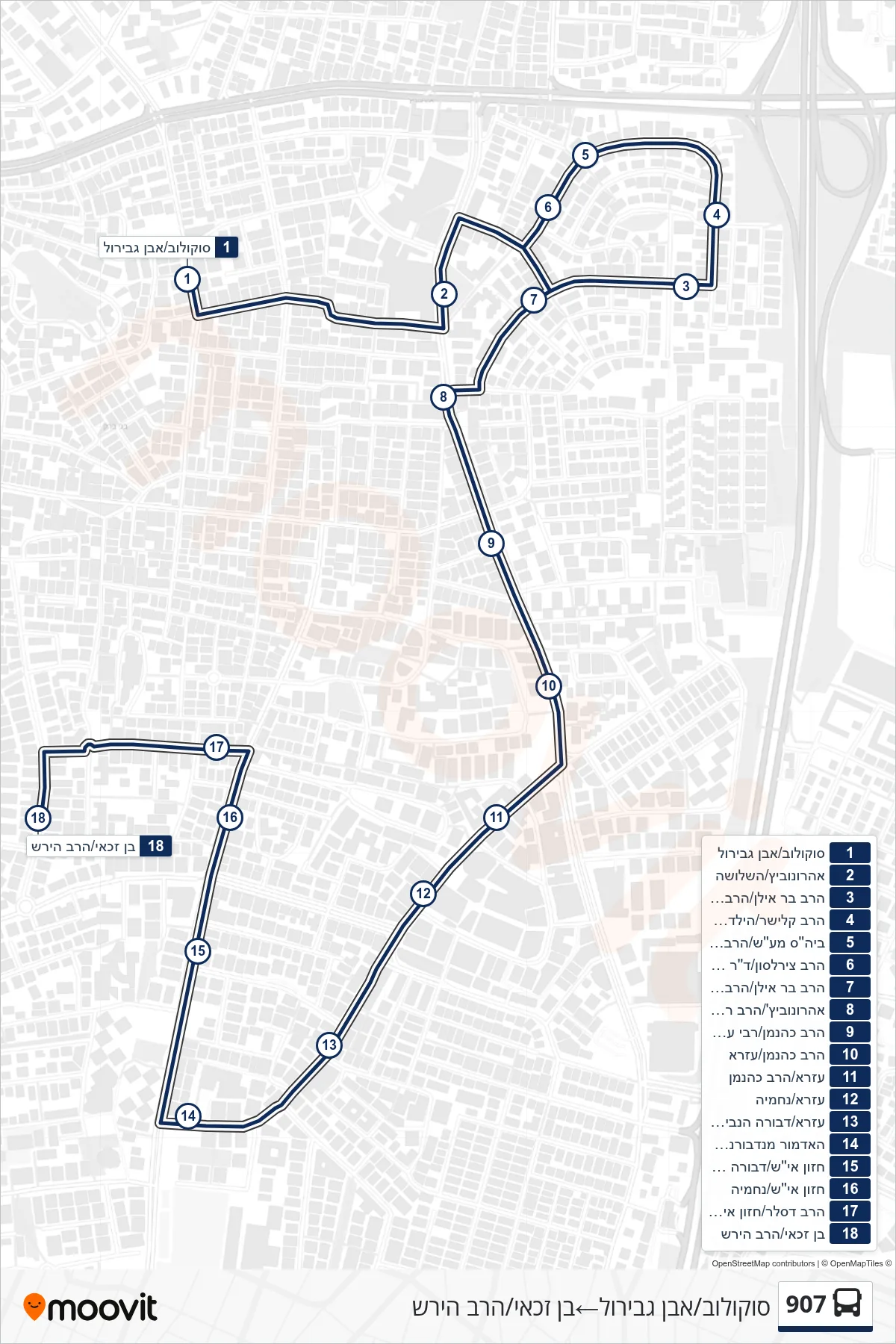 907 bus Line (Sokolov/Ibn Gabirol‎→Ben Zakai/HaRav Hirsch) route and stops on a map