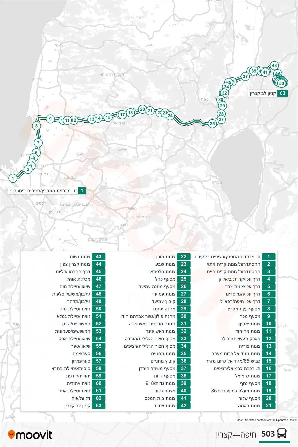 503 bus Line (Haifa‎→Katzrin) route and stops on a map