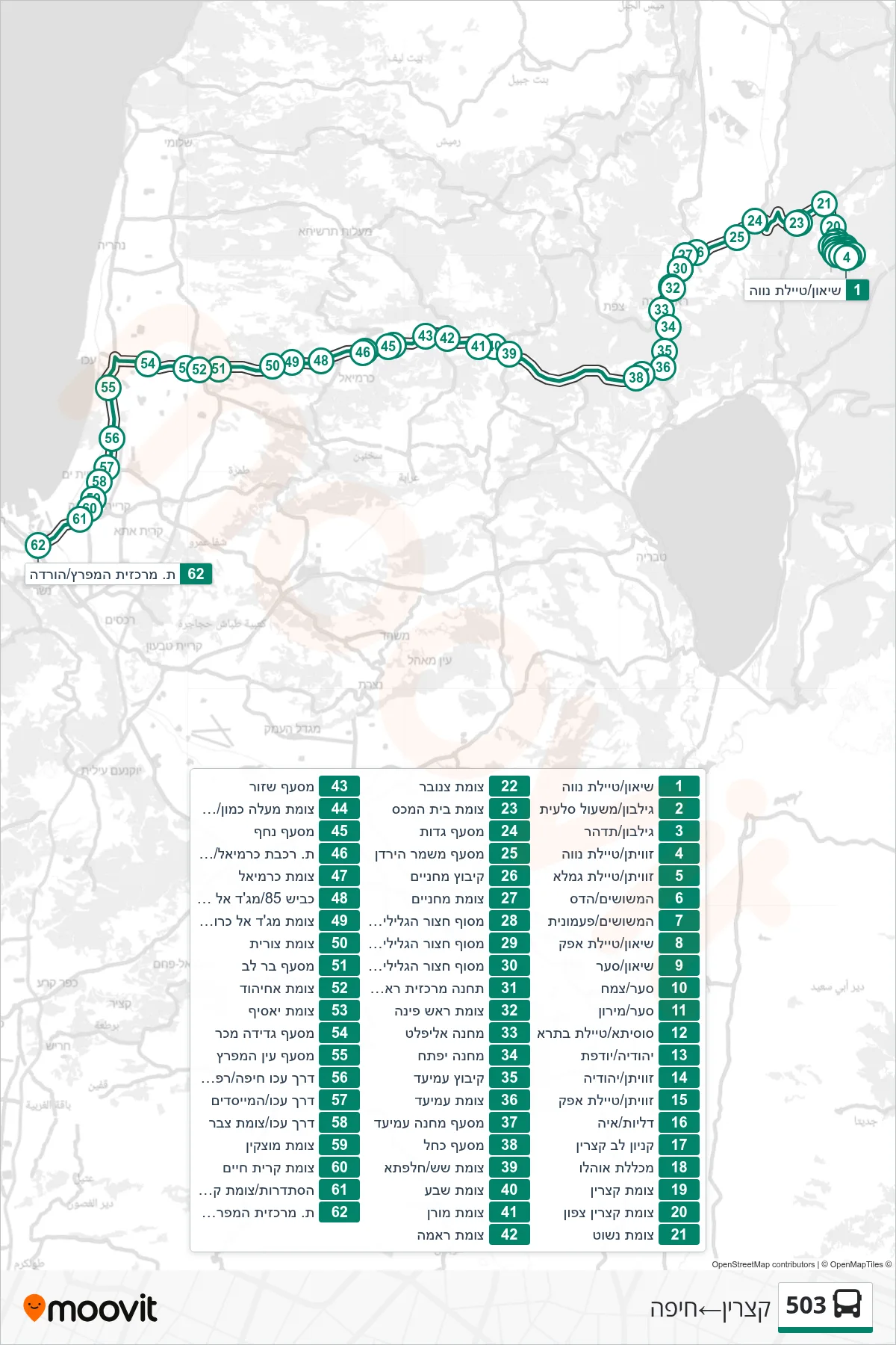503 bus Line (Katzrin‎→Haifa) route and stops on a map