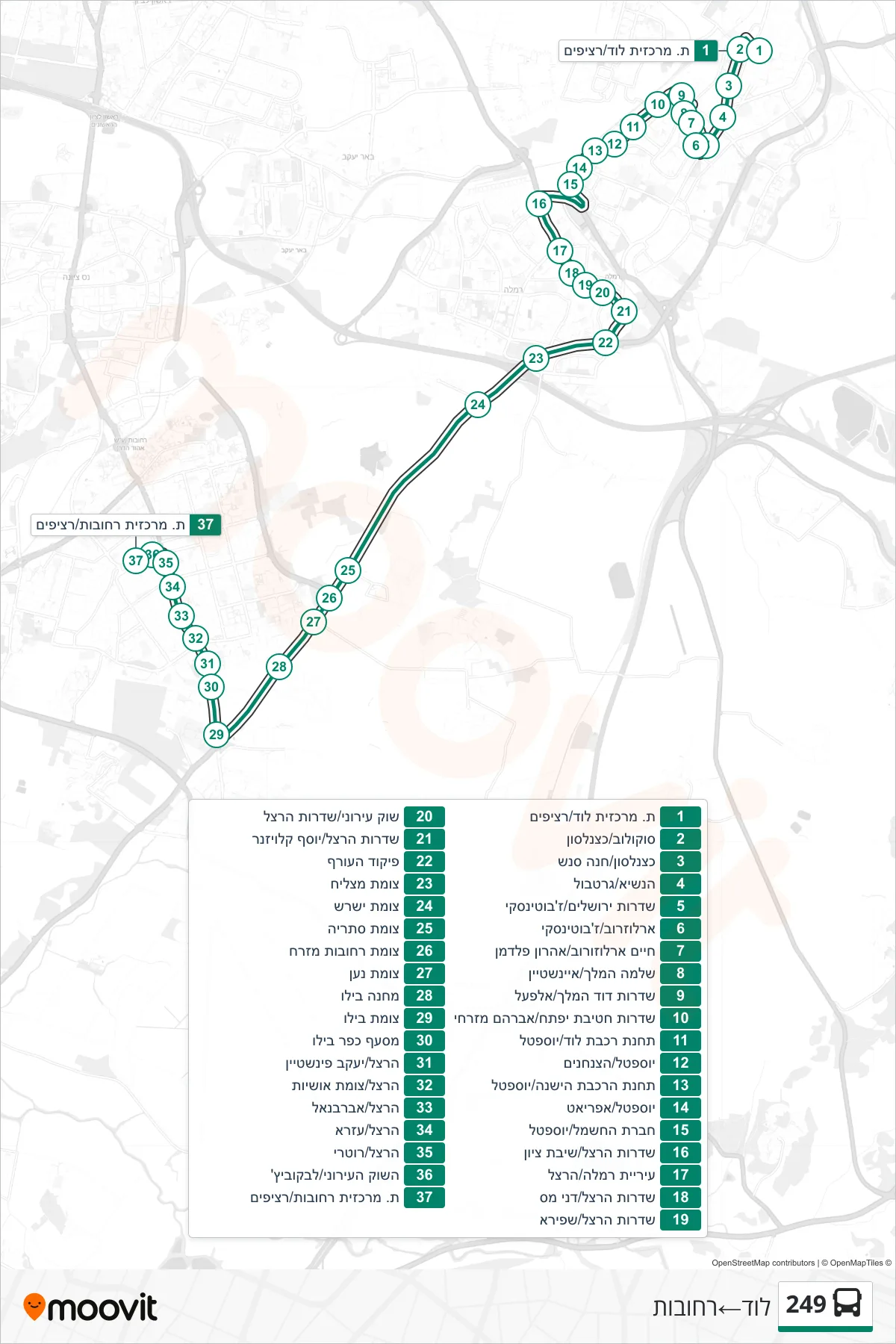 249 bus Line (Lod‎→Rehovot) route and stops on a map