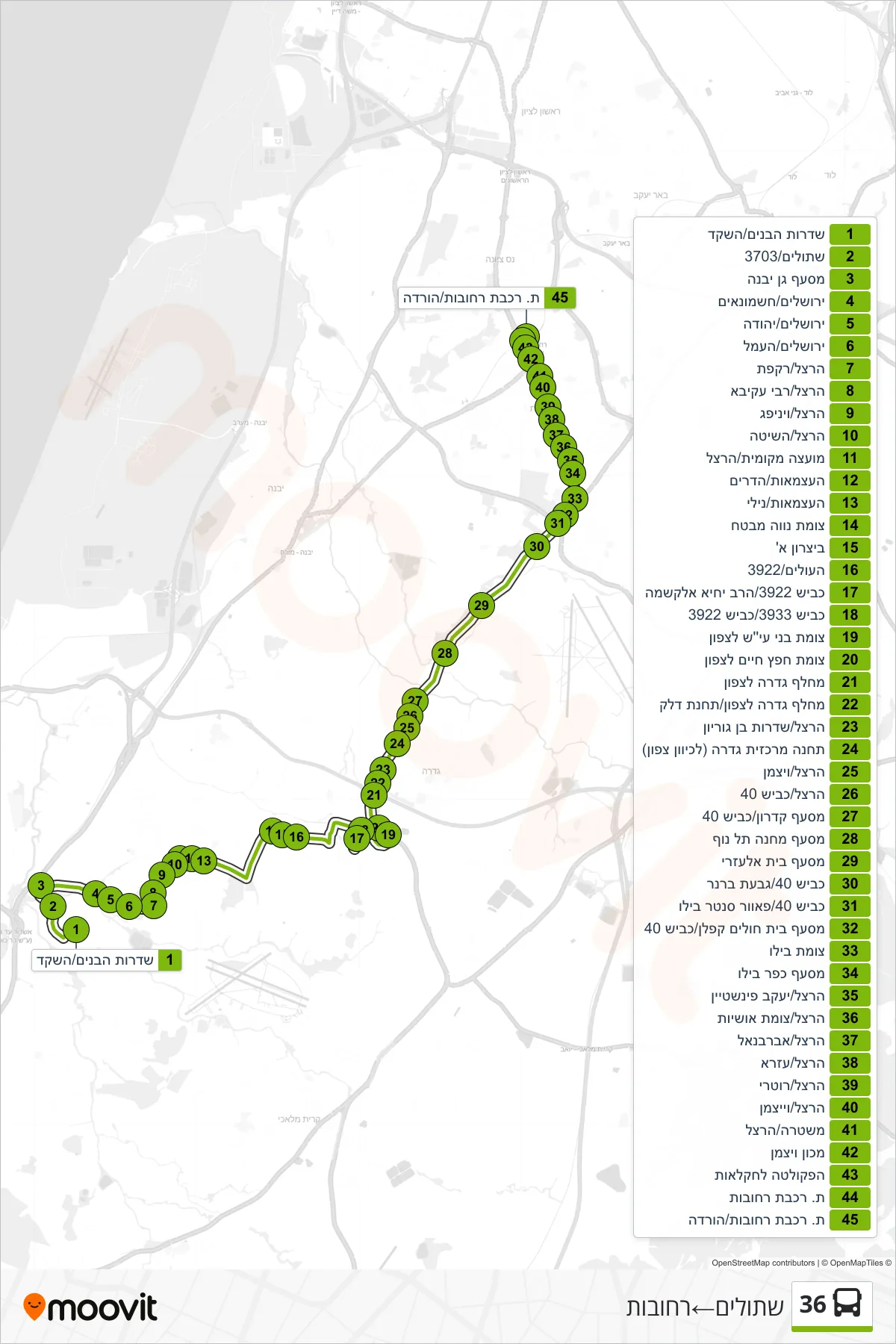 36 bus Line (Shtulim‎→Rehovot) route and stops on a map