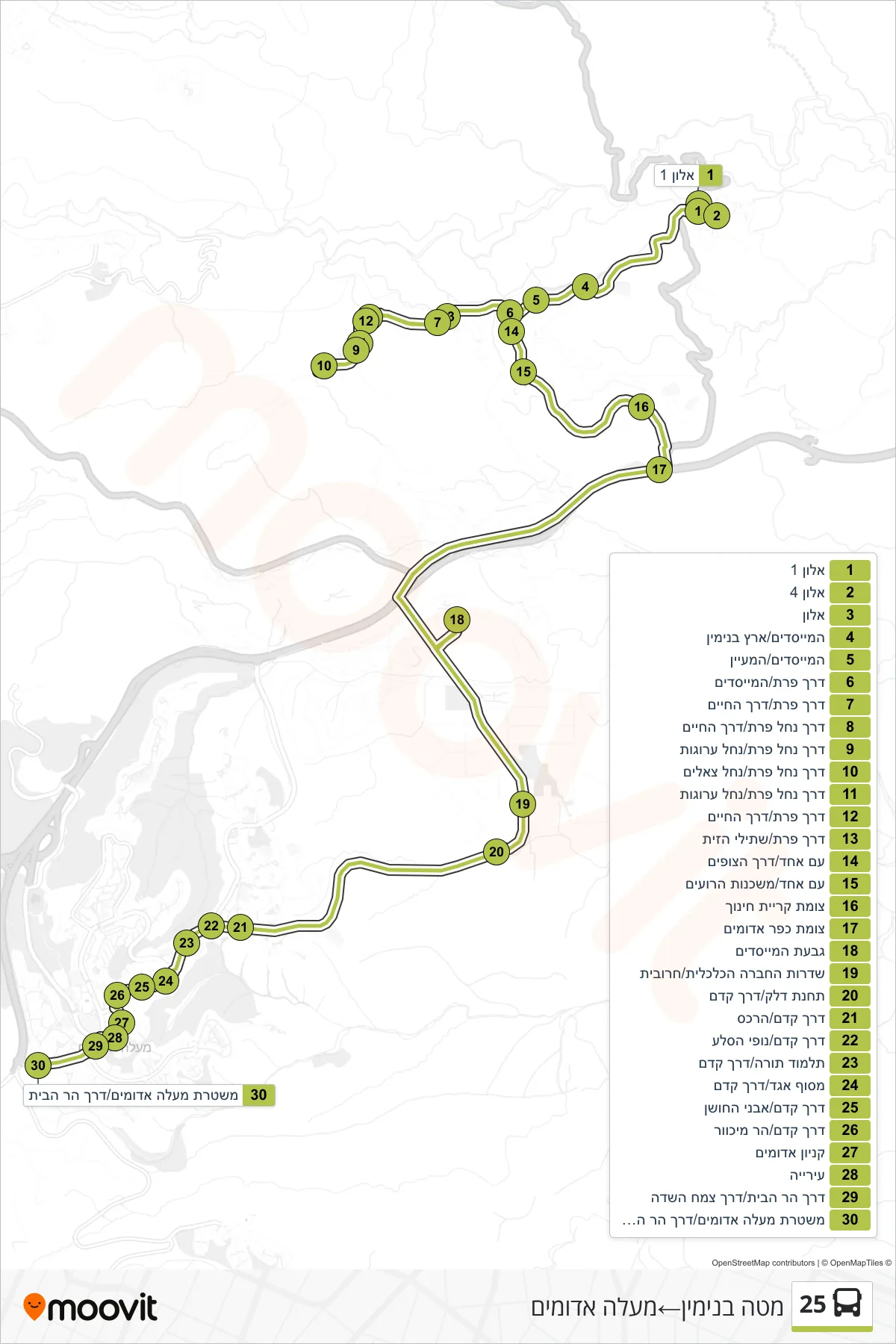 25 bus Line (Mateh Binyamin‎→Ma'ale Adumim) route and stops on a map