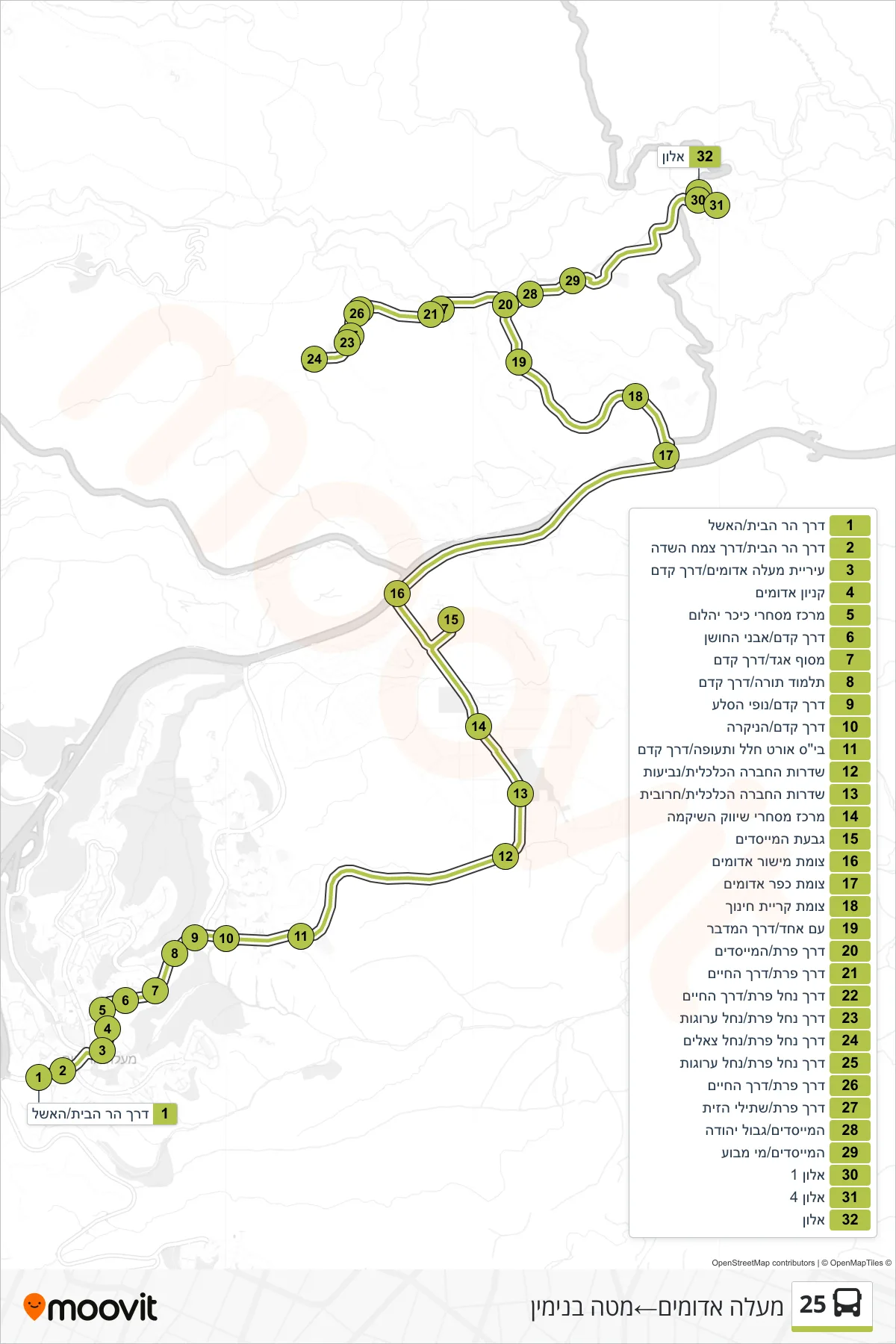 25 bus Line (Ma'ale Adumim‎→Mateh Binyamin) route and stops on a map