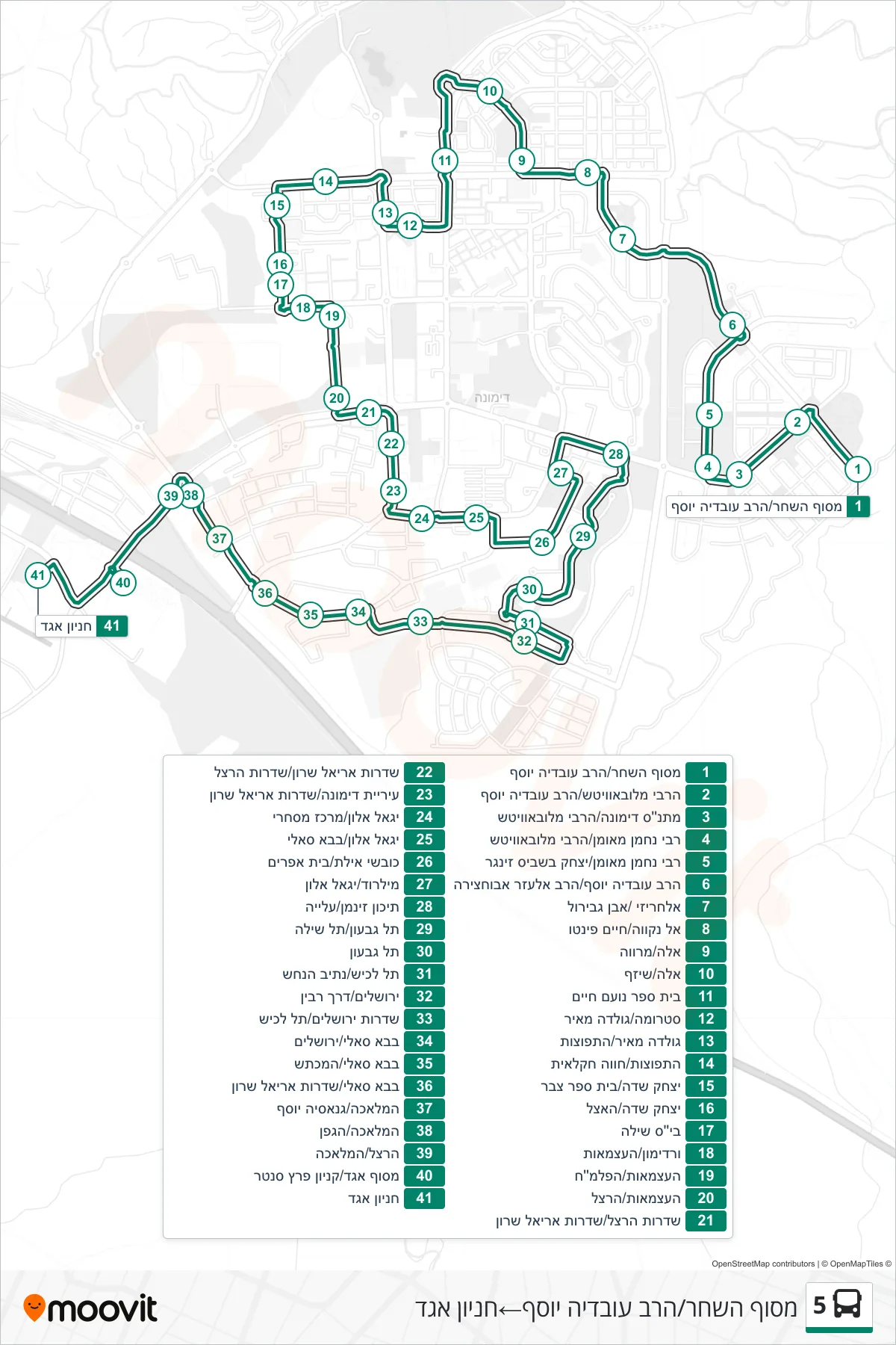 5  Line (HaShachar Terminal/Rav Ovadia Yosef‎→Egged Parking Lot) route and stops on a map