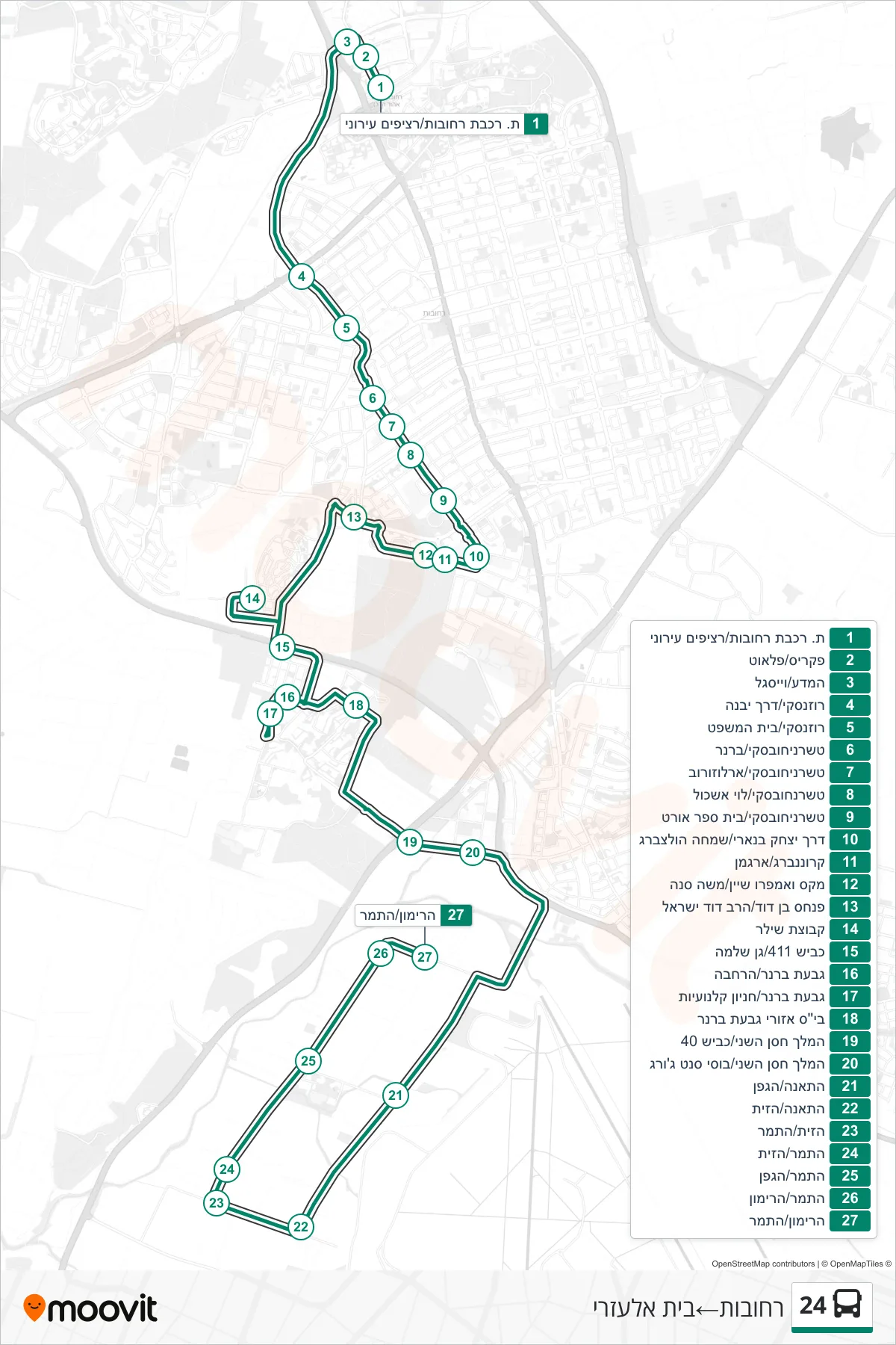 24 bus Line (Rehovot‎→Beit Elazari) route and stops on a map