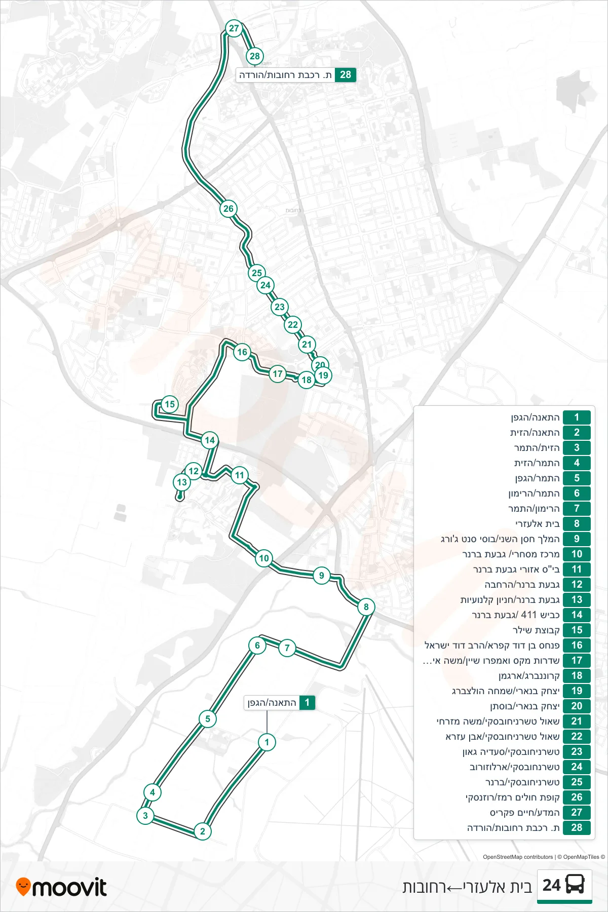 24 bus Line (Beit Elazari‎→Rehovot) route and stops on a map