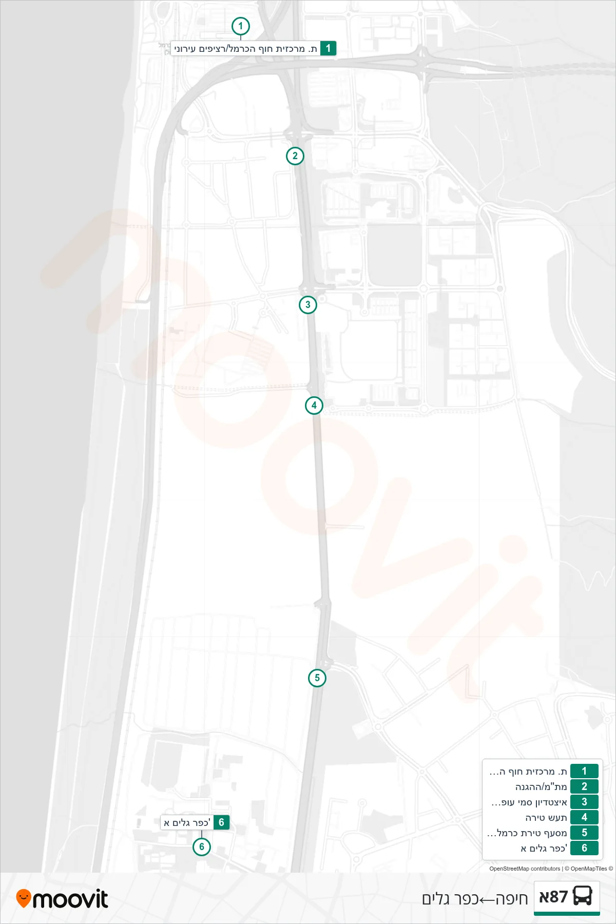 87A bus Line (Haifa‎→Kfar Galim) route and stops on a map