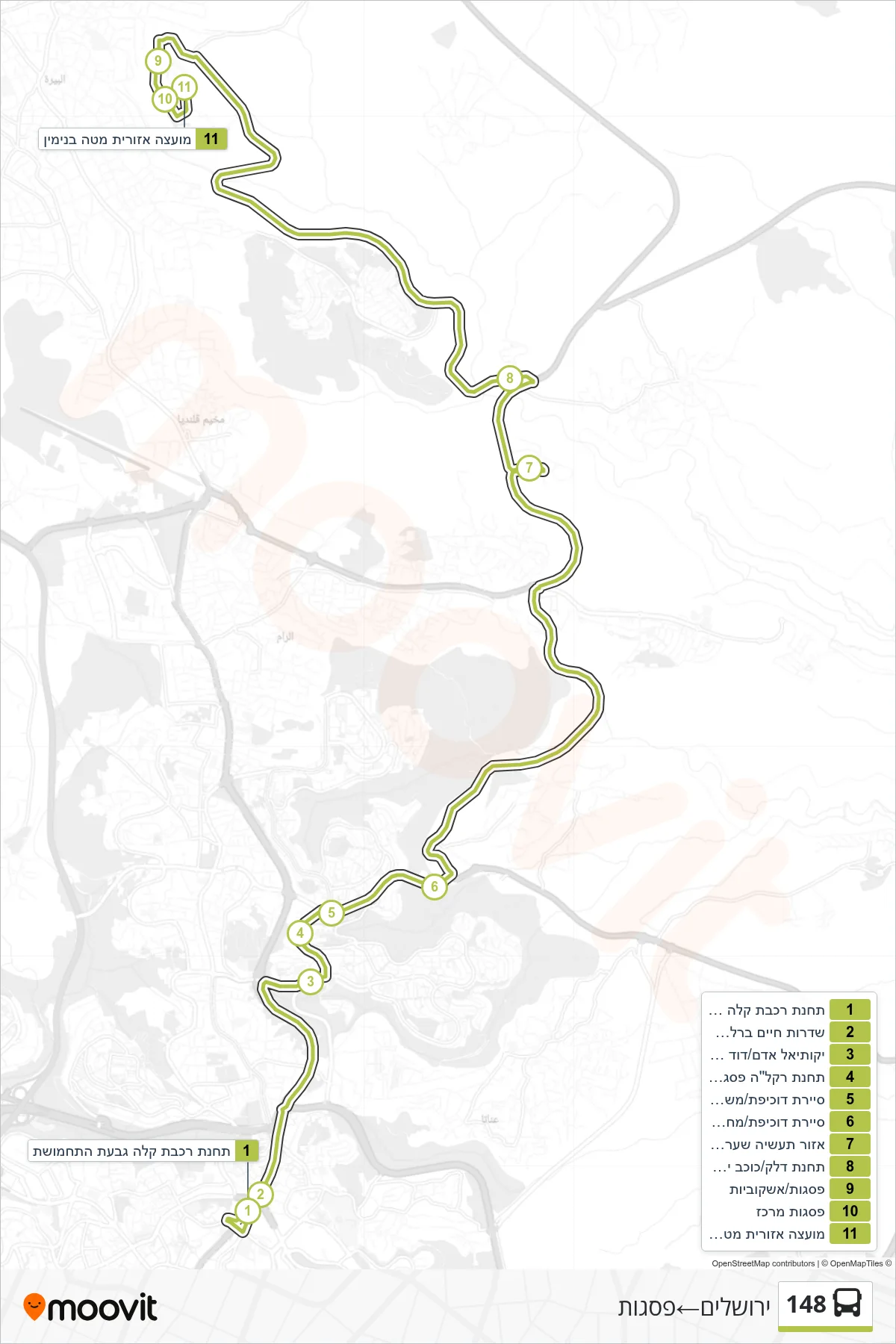 148 bus Line (Jerusalem‎→Psagot) route and stops on a map