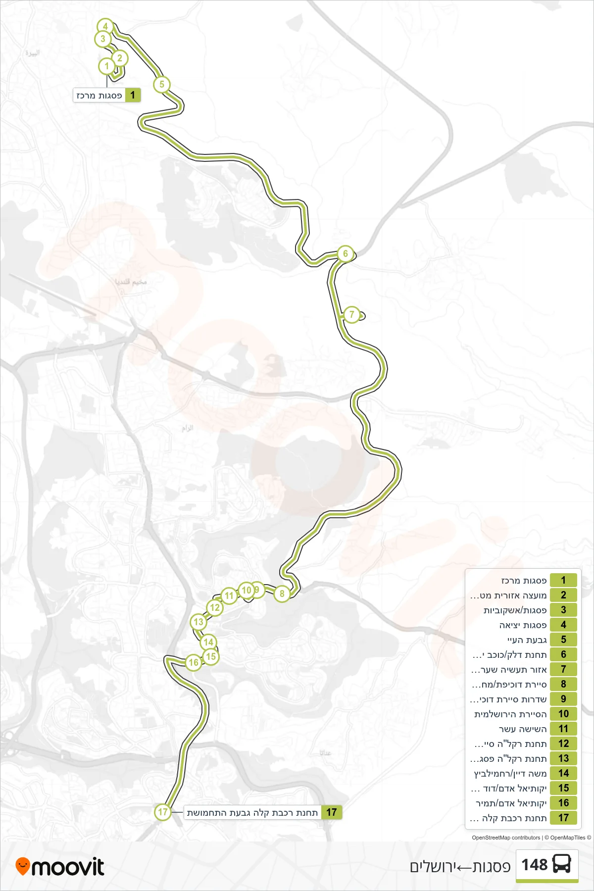 148 bus Line (Psagot‎→Jerusalem) route and stops on a map