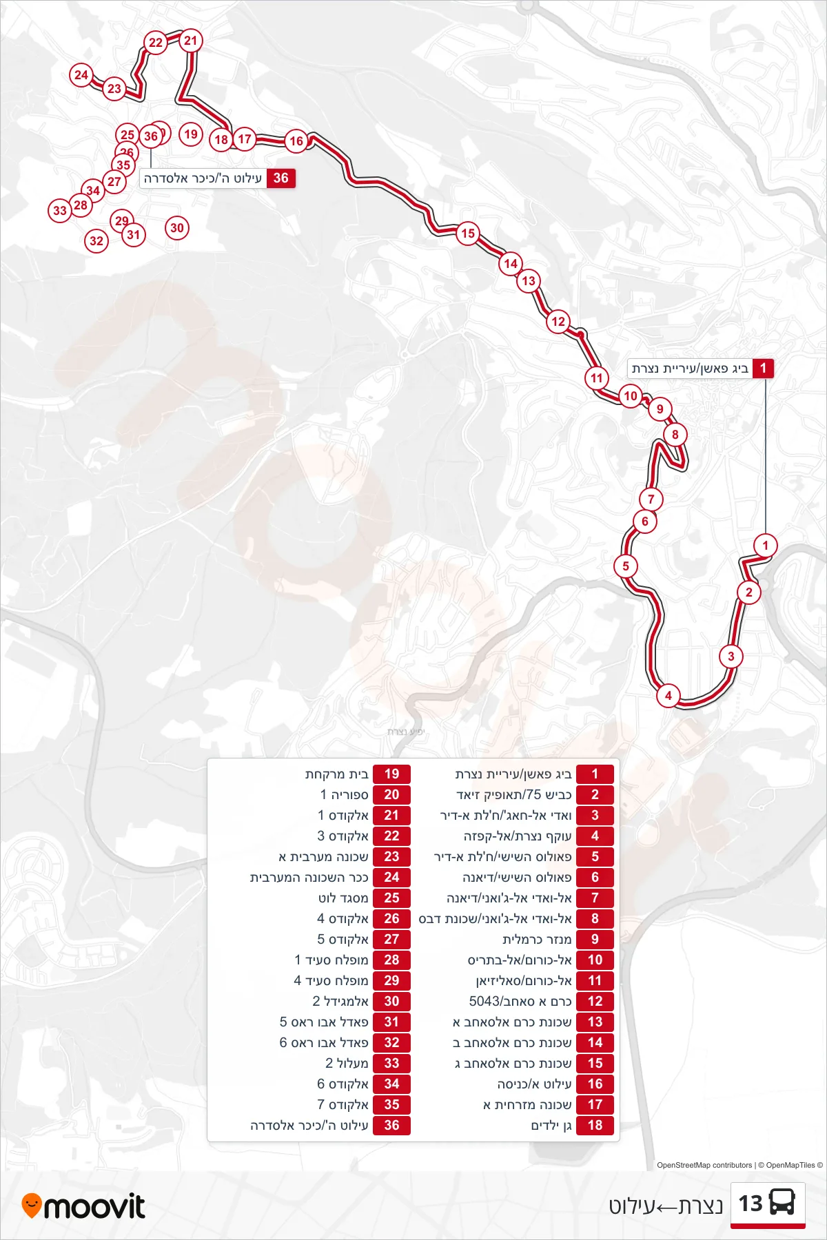 13  Line (Nazareth‎→Ilut) route and stops on a map