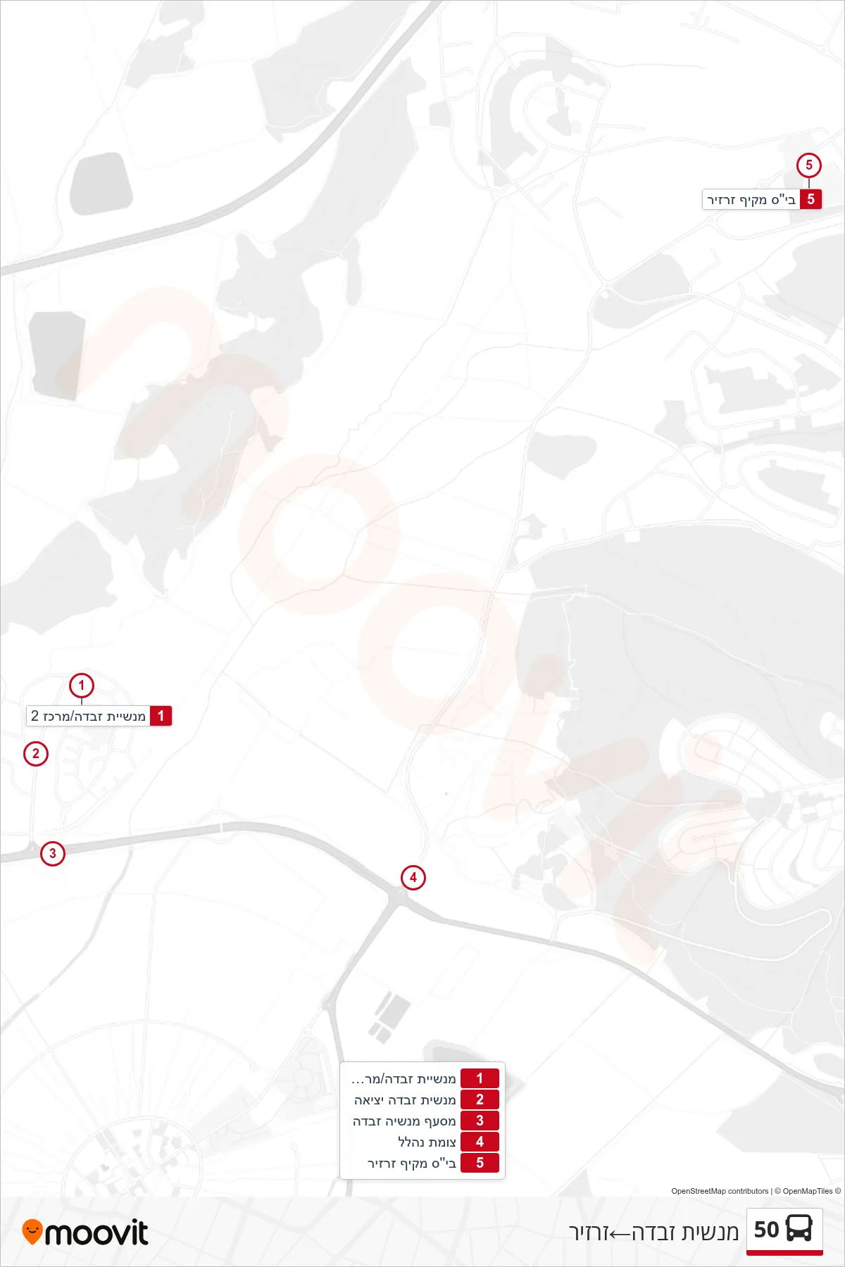 50 bus Line (Manshiyat Zabda‎→Zarzir) route and stops on a map