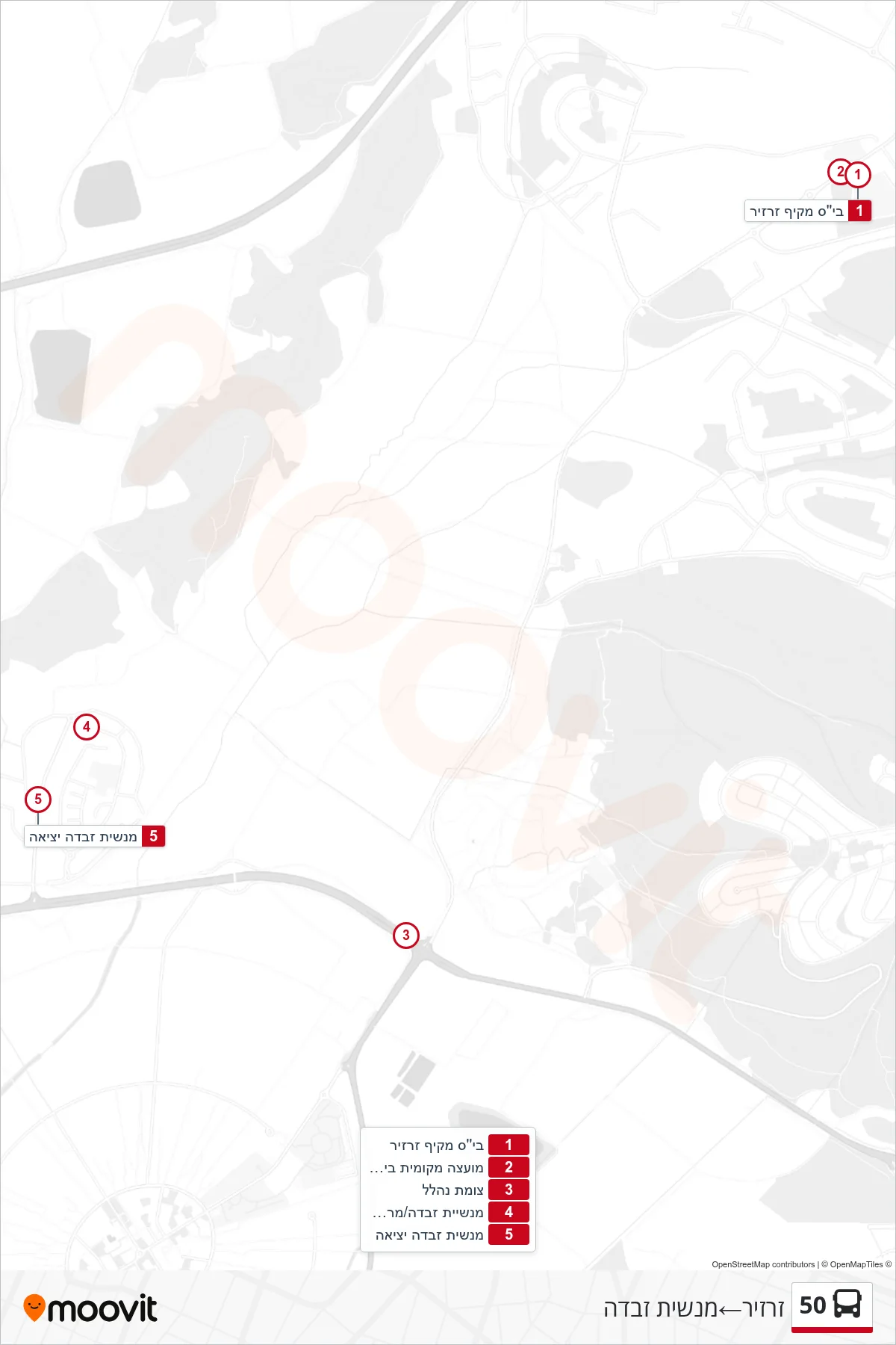50 bus Line (Zarzir‎→Manshiyat Zabda) route and stops on a map