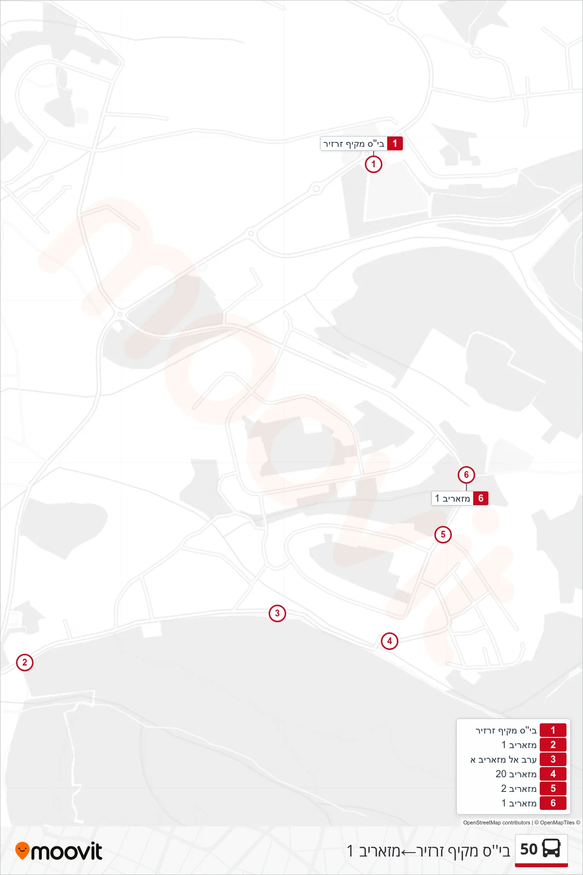 50 bus Line (Zarzir High School→Mazarib 1) route and stops on a map