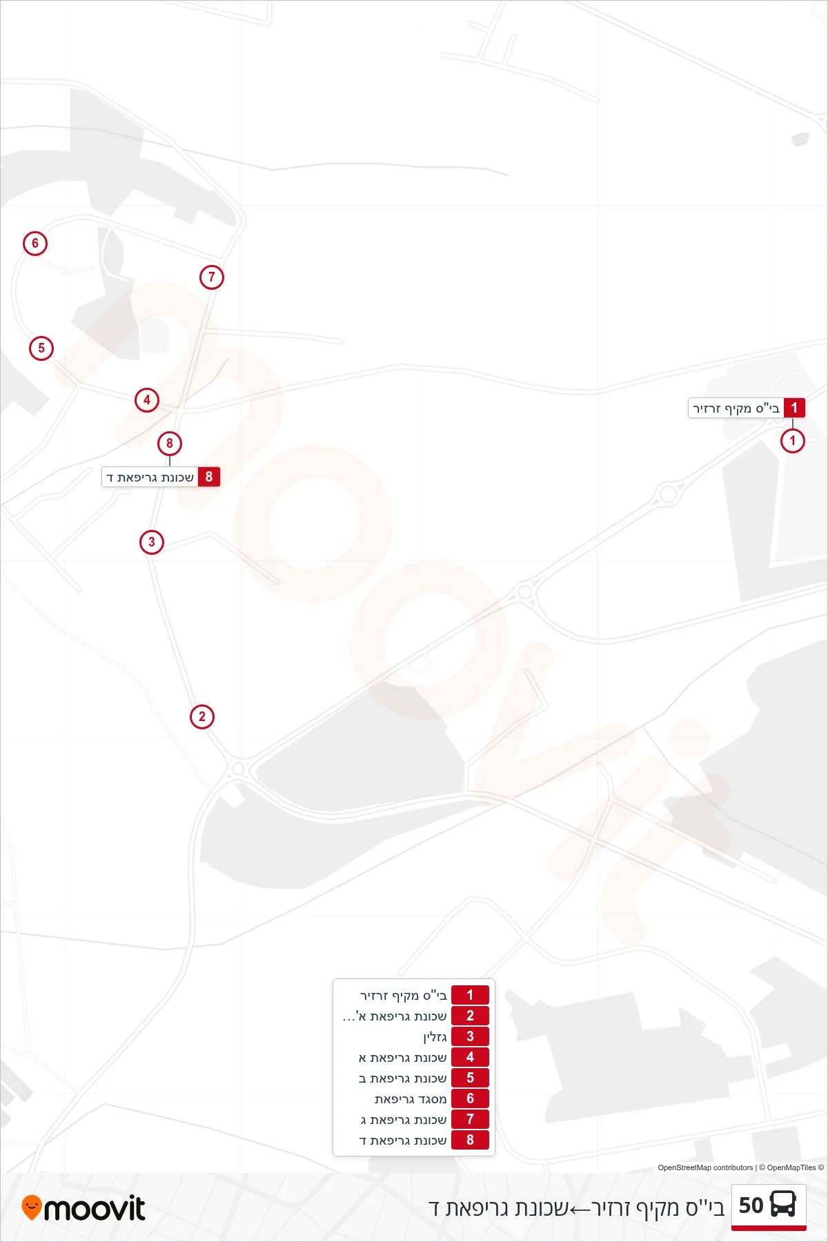 50 bus Line (Zarzir High School→Grifat D Quarter) route and stops on a map