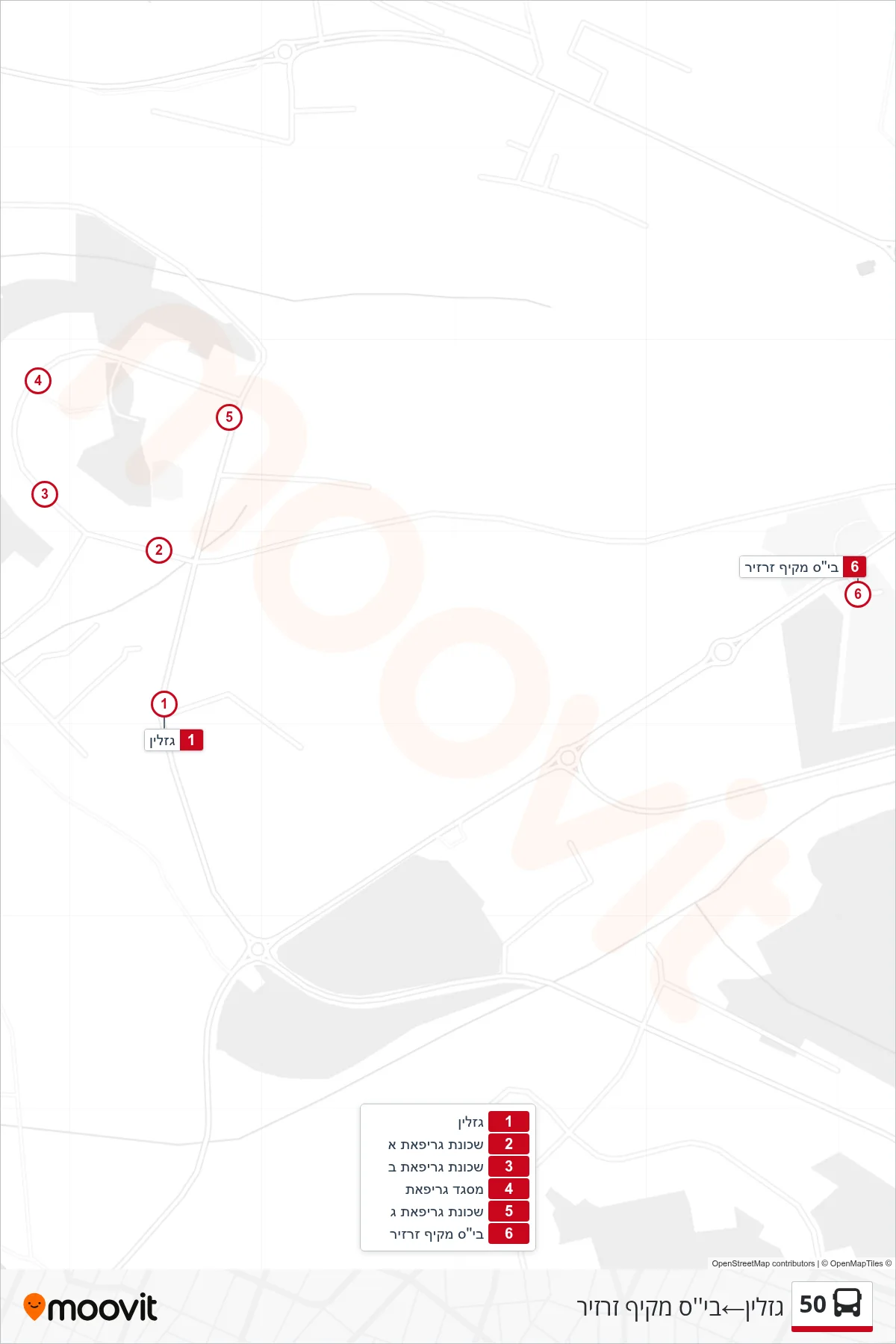 50 bus Line (Gazlin→Zarzir High School) route and stops on a map