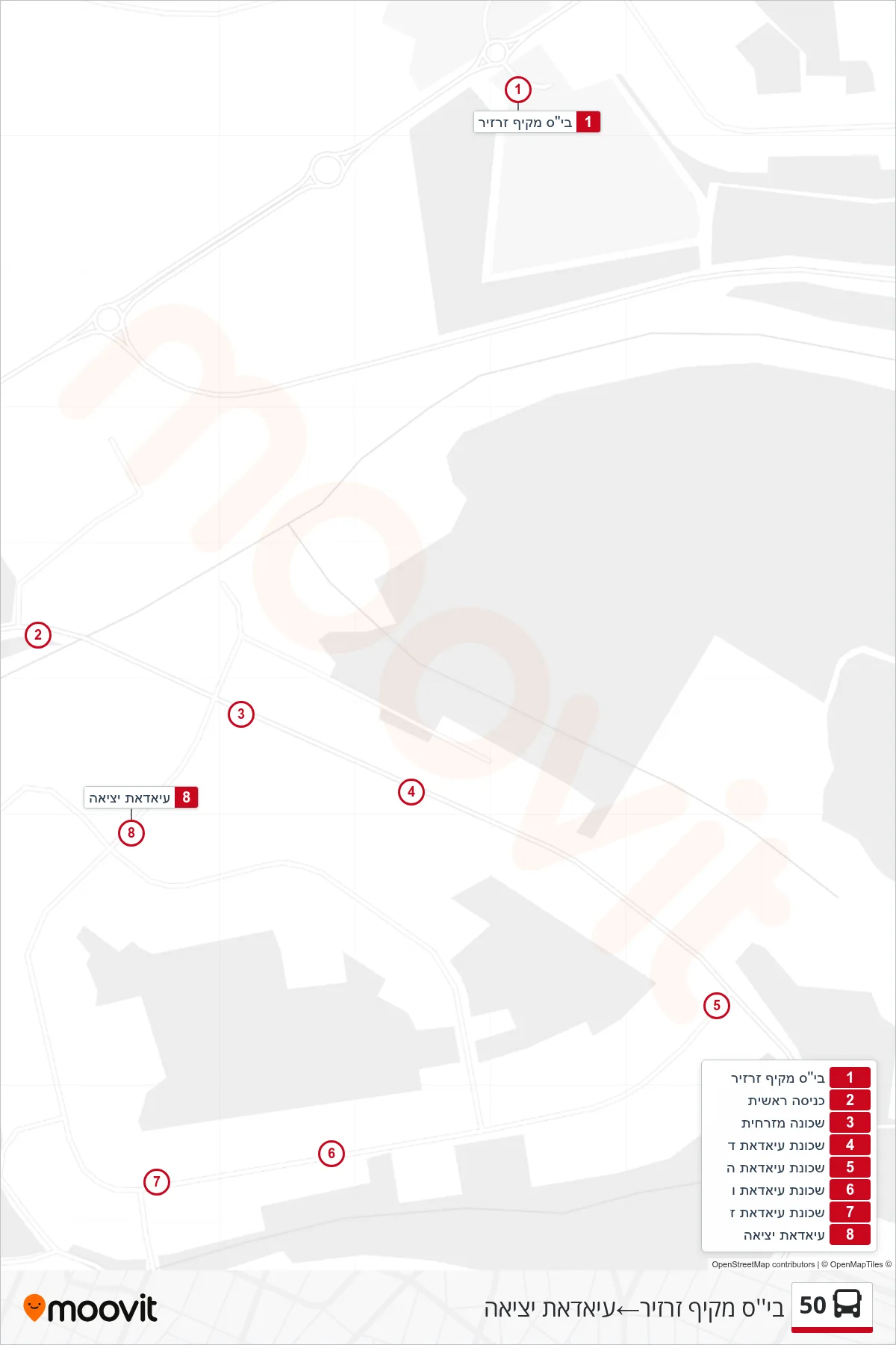 50 Line (Zarzir High School→Ayadat Exit) route and stops on a map