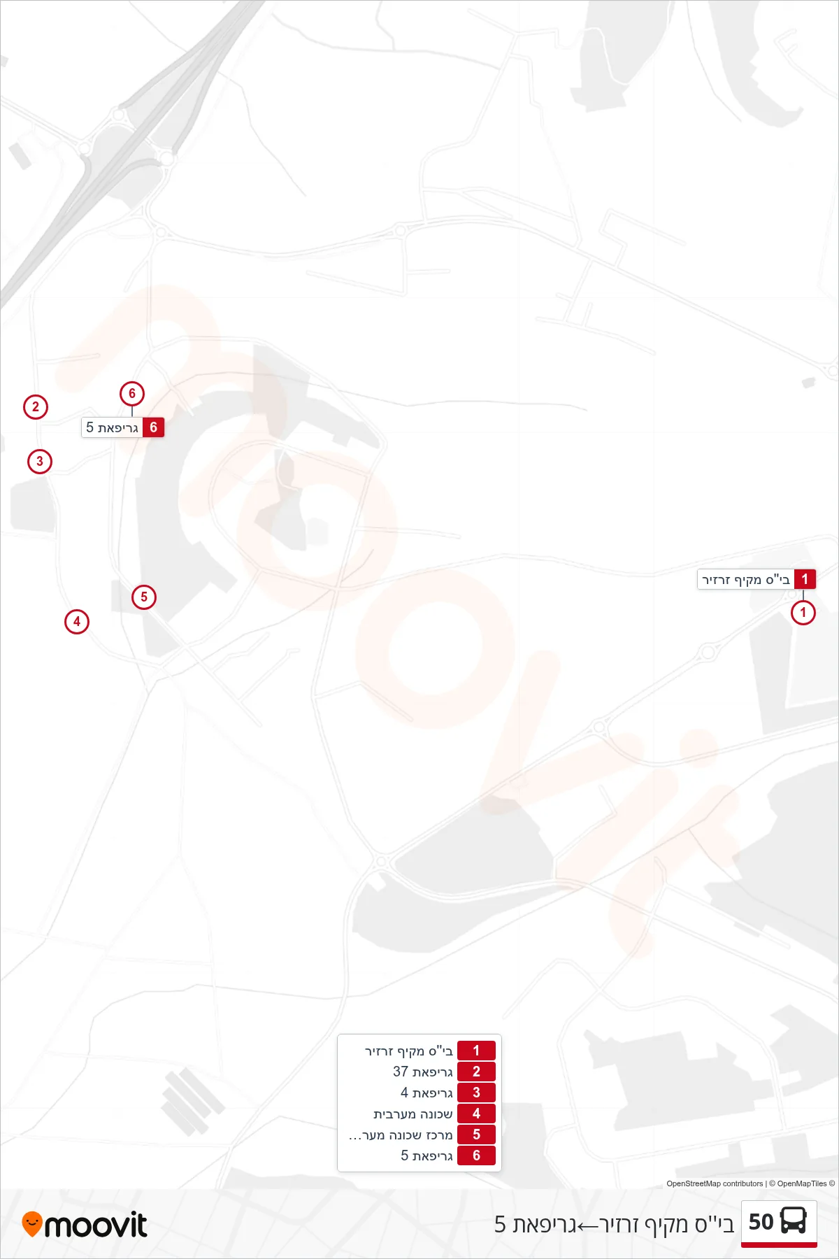 50 bus Line (Zarzir High School→Grifat 5) route and stops on a map