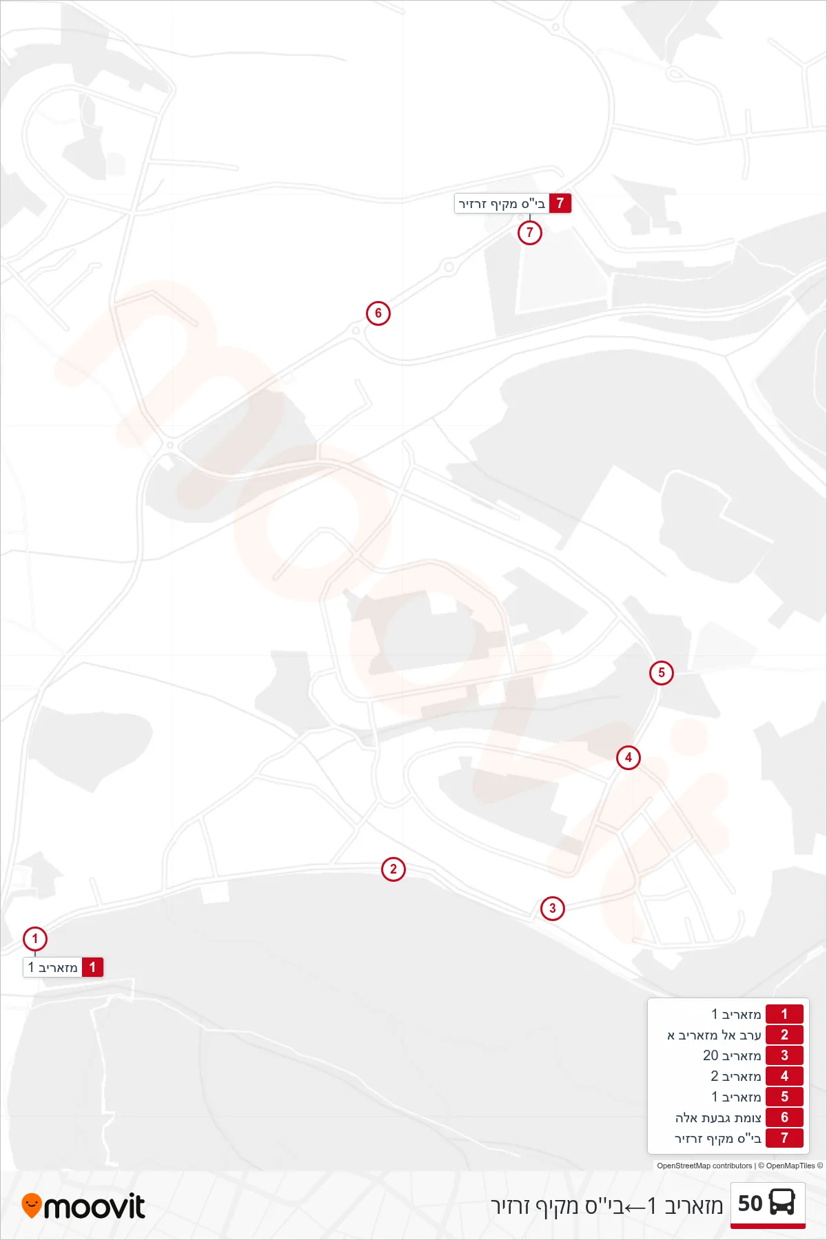 50 bus Line (Mazarib 1→Zarzir High School) route and stops on a map