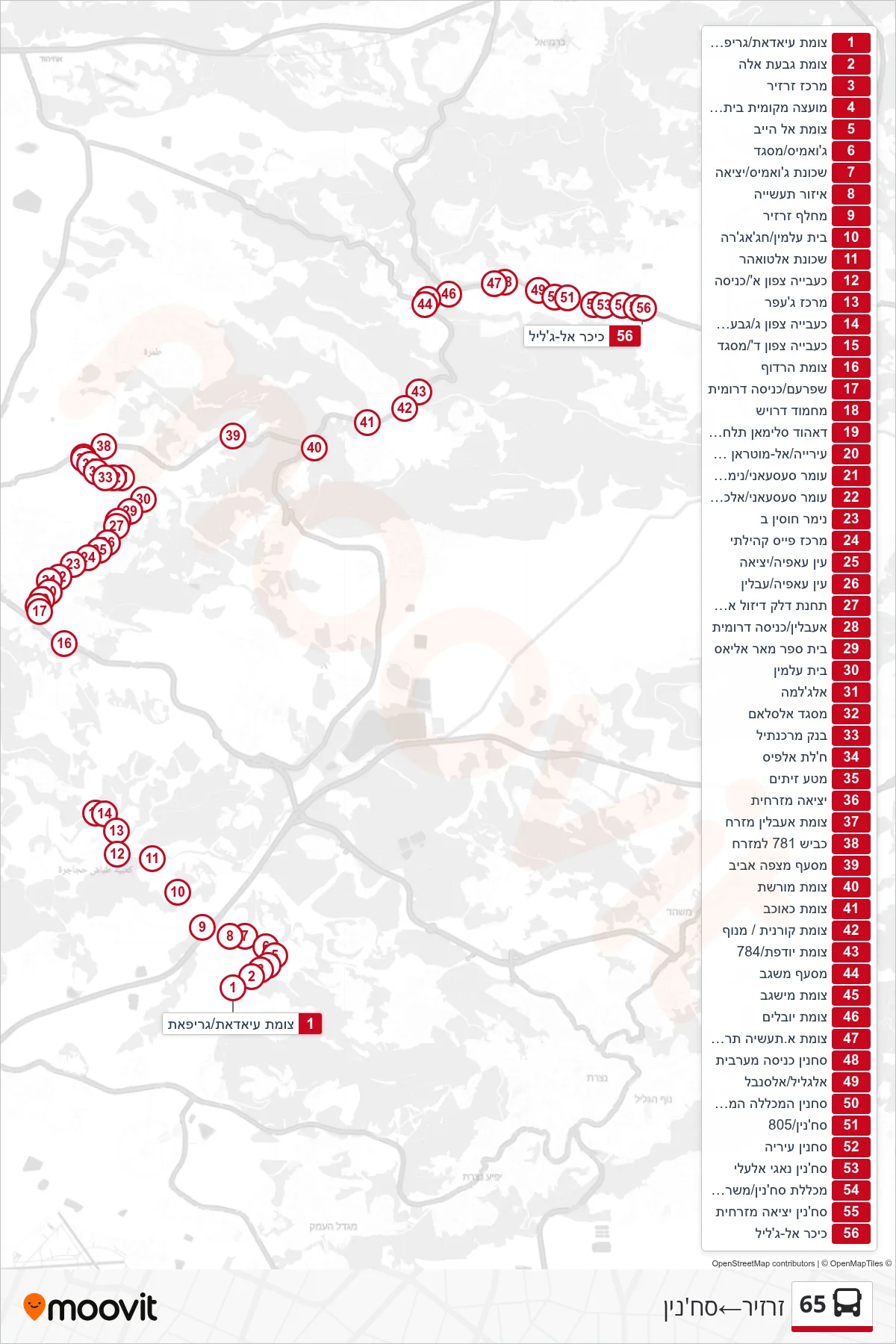 65 bus Line (Zarzir‎→Sakhnin) route and stops on a map