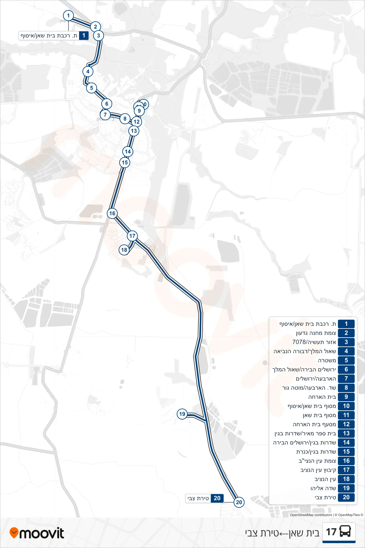17 bus Line (Beit She'an‎→Tirat Zvi) route and stops on a map