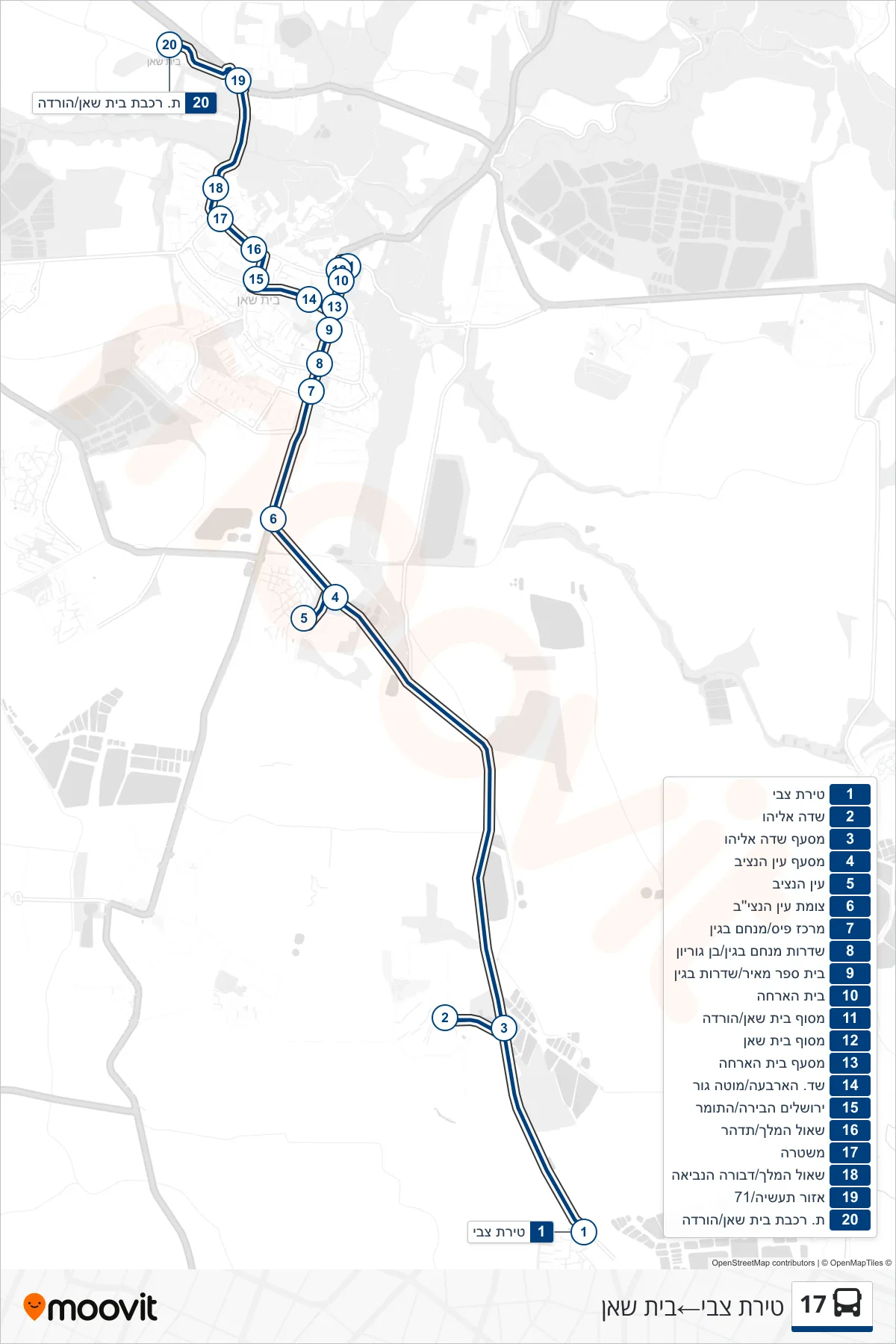 17 bus Line (Tirat Zvi→Beit She'an) route and stops on a map