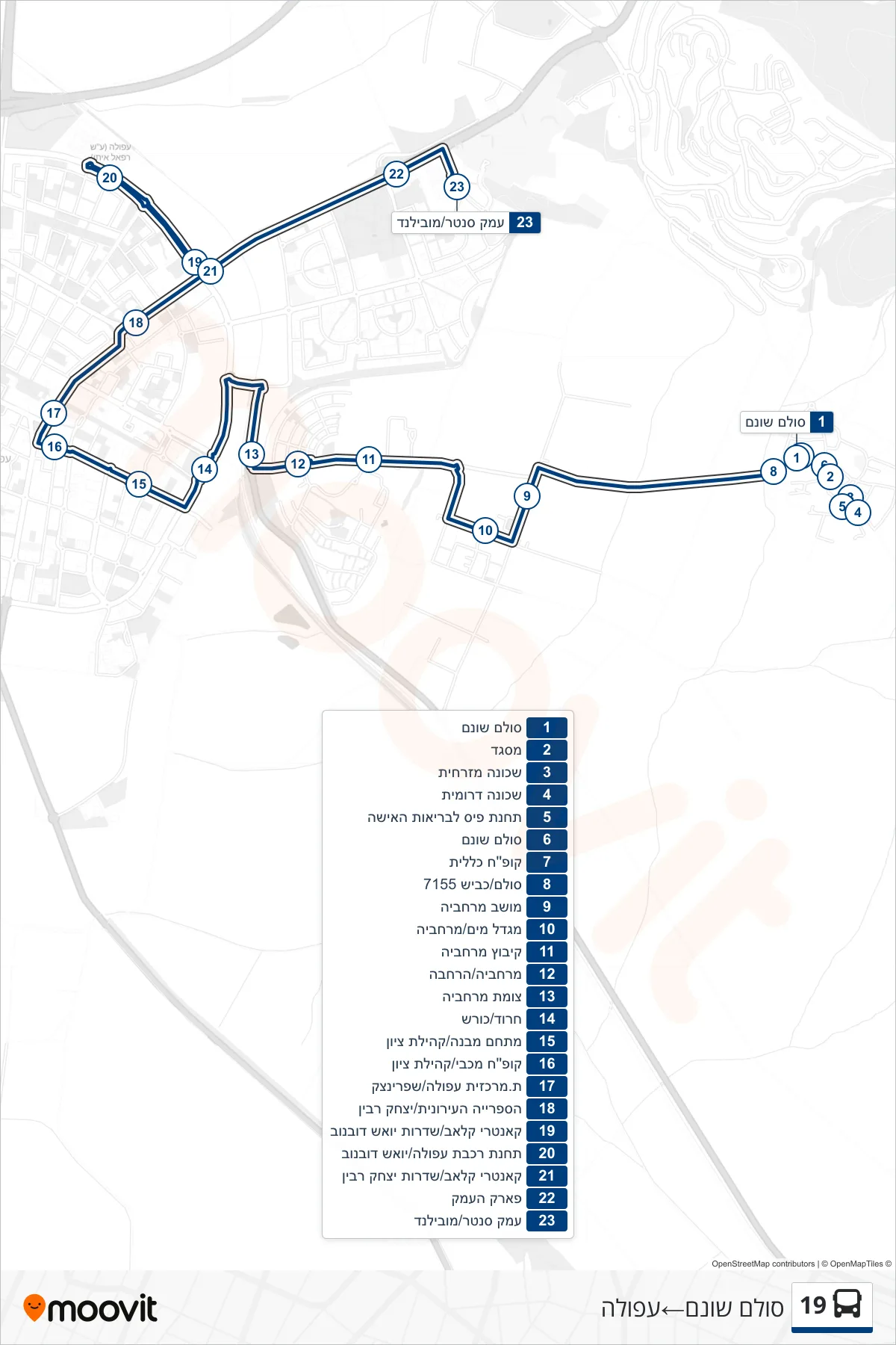 19 Line (Sulam Shunam→Afula) route and stops on a map