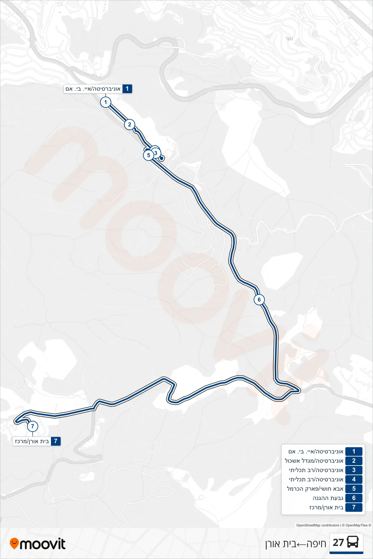 27 bus Line (Haifa→Beit Oren) route and stops on a map