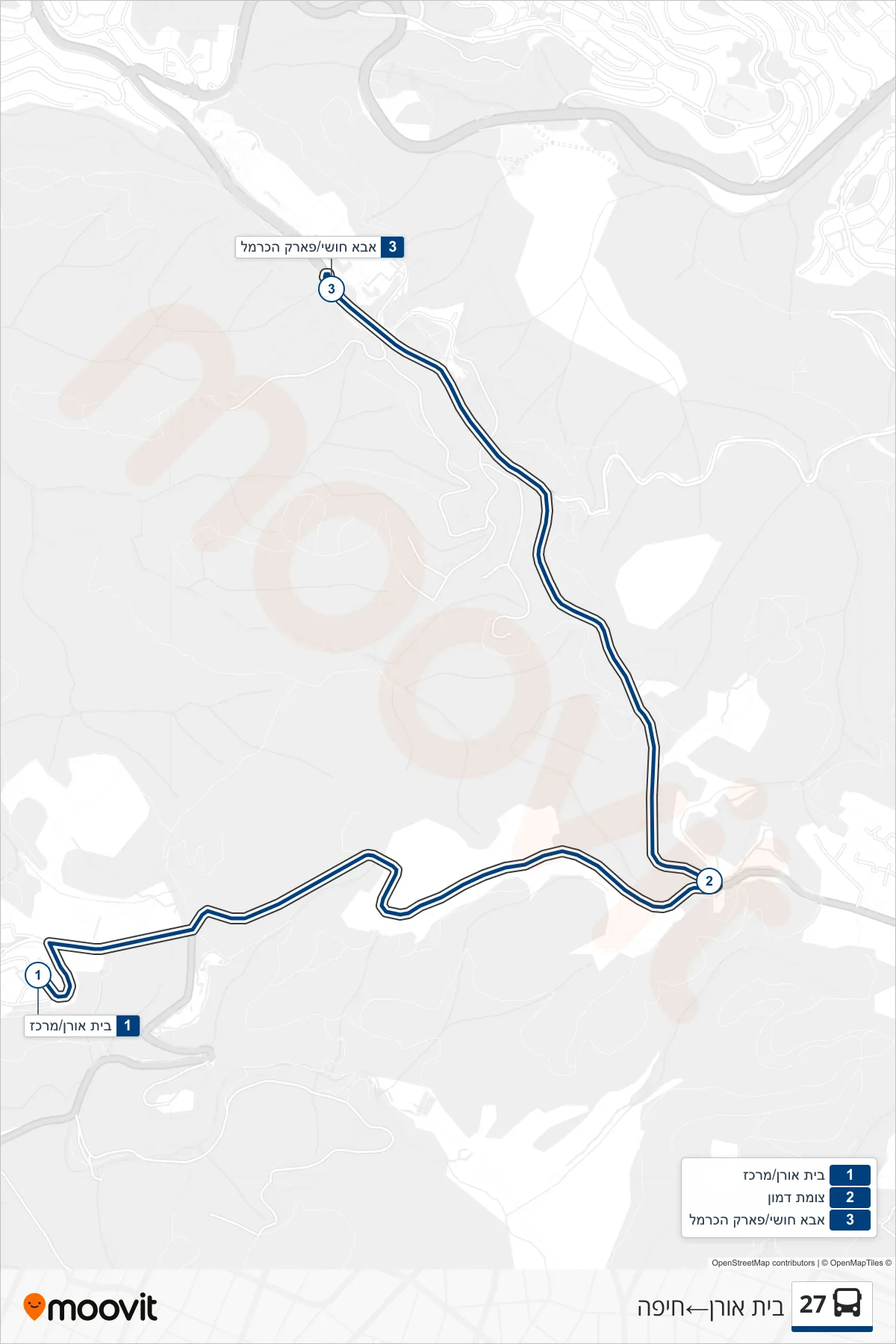 27 bus Line (Beit Oren→Haifa) route and stops on a map