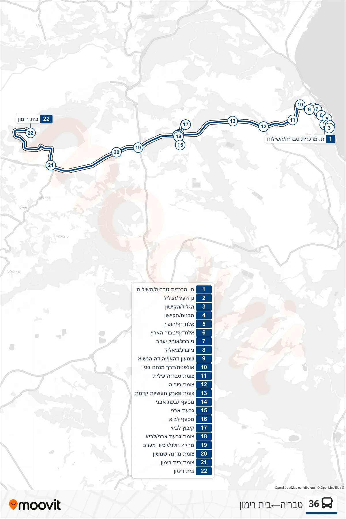 36 bus Line (Tiberias‎→Beit Rimon) route and stops on a map