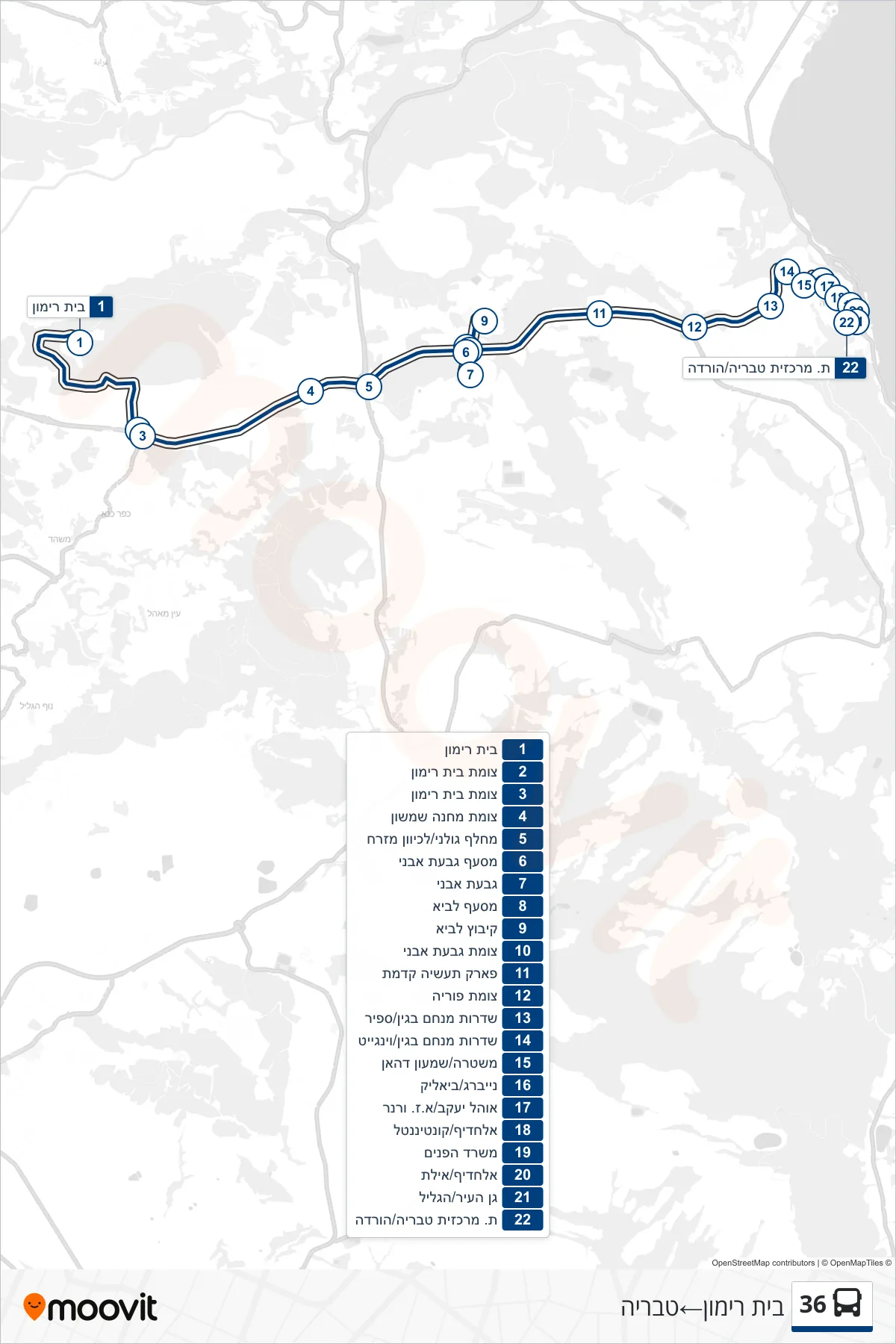36 bus Line (Beit Rimon→Tiberias) route and stops on a map