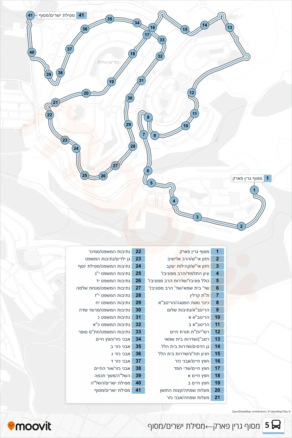 5 bus Line (Green Park Terminal‎→Mesilat Yesharim/Terminal) route and stops on a map