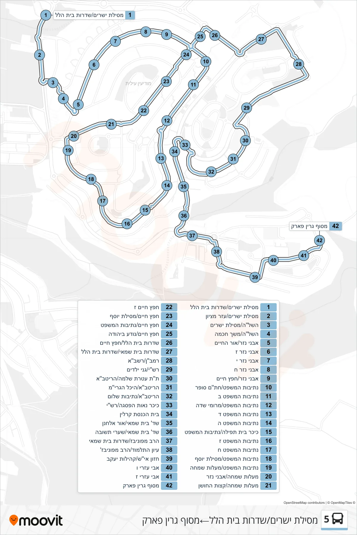 5  Line (Mesilat Yesharim/Beit Hillel Boulevard‎→Green Park Terminal) route and stops on a map