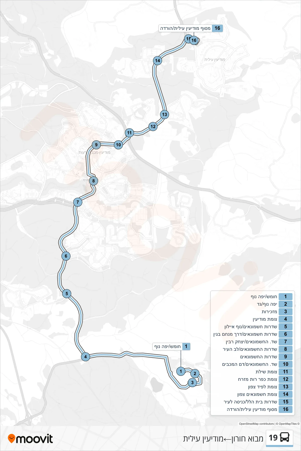 19 bus Line (Mevo Horon→Modi'in Illit) route and stops on a map