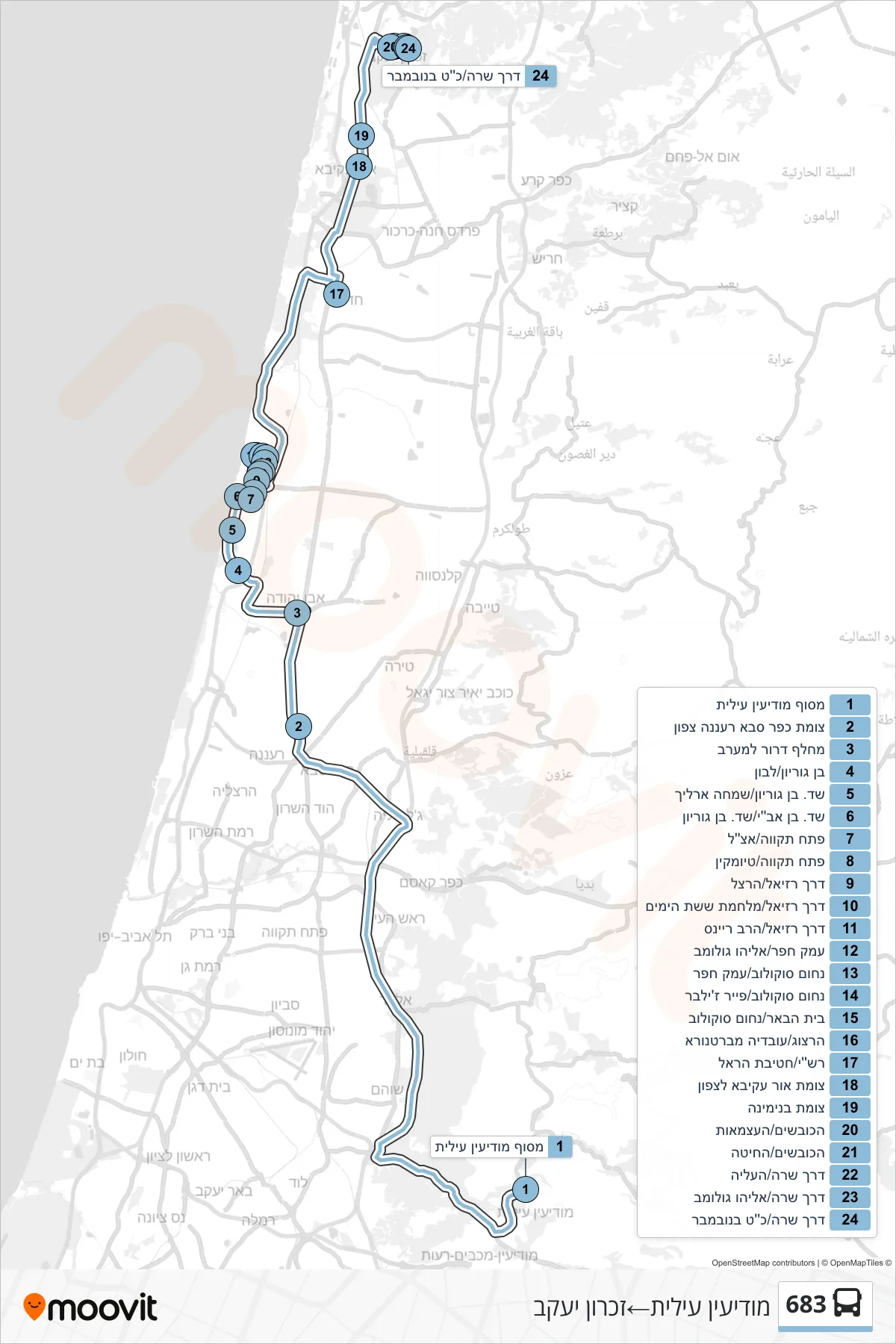 683 bus Line (Modi'in Illit‎→Zikhron Ya'akov) route and stops on a map